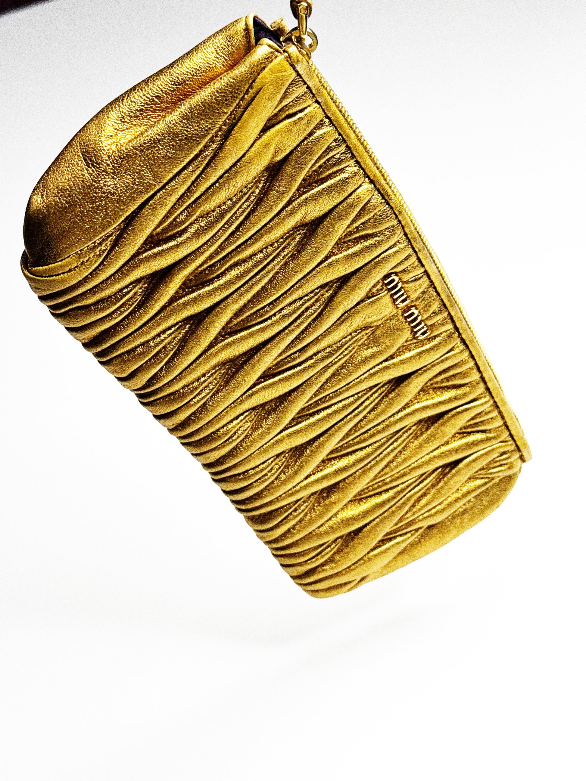 Miu Miu Ruched Metallic Gold Leather Clutch
