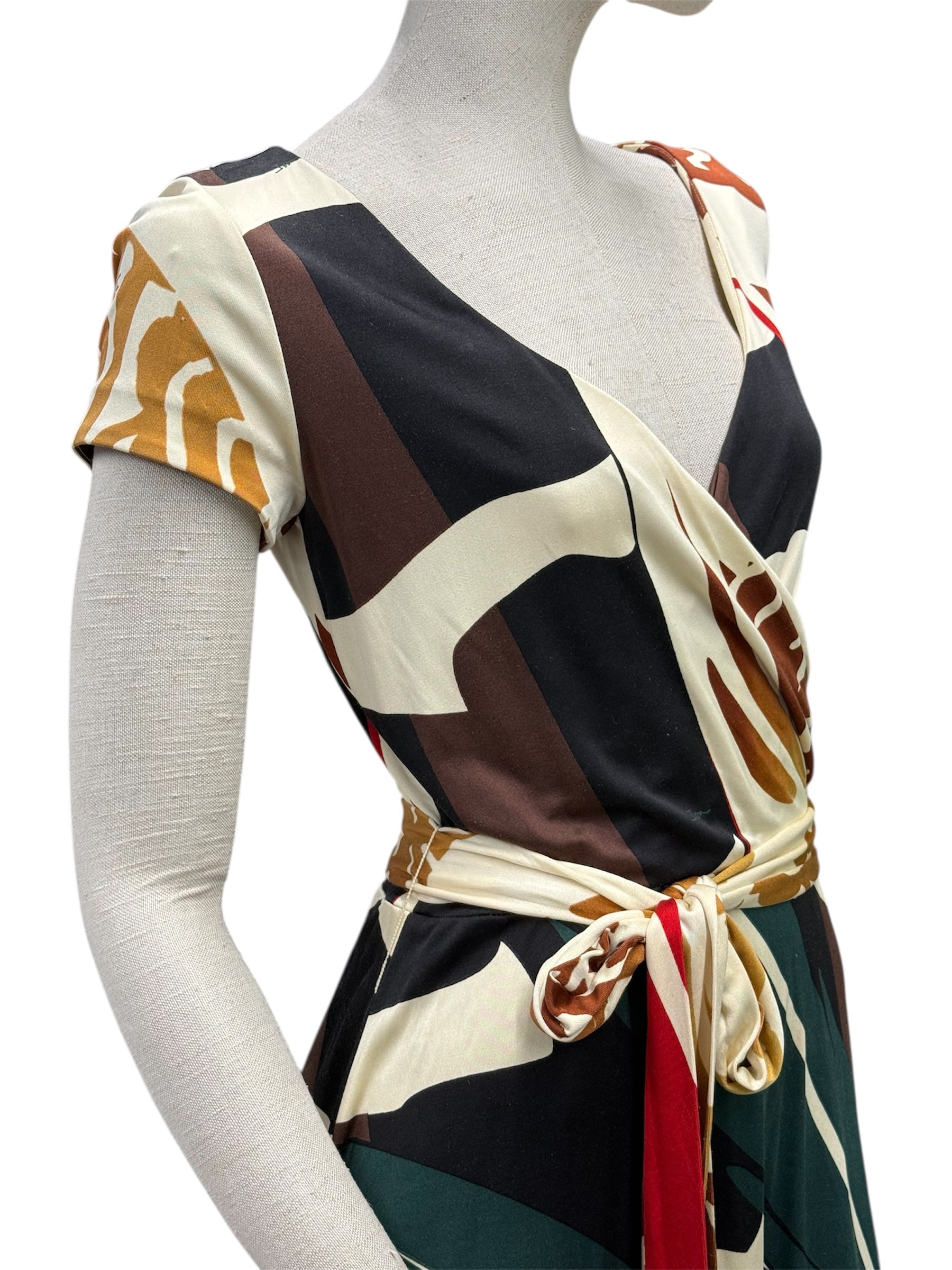 ISSA London Long-Sleeve Silk Dress – Green & Brown Graphic Print