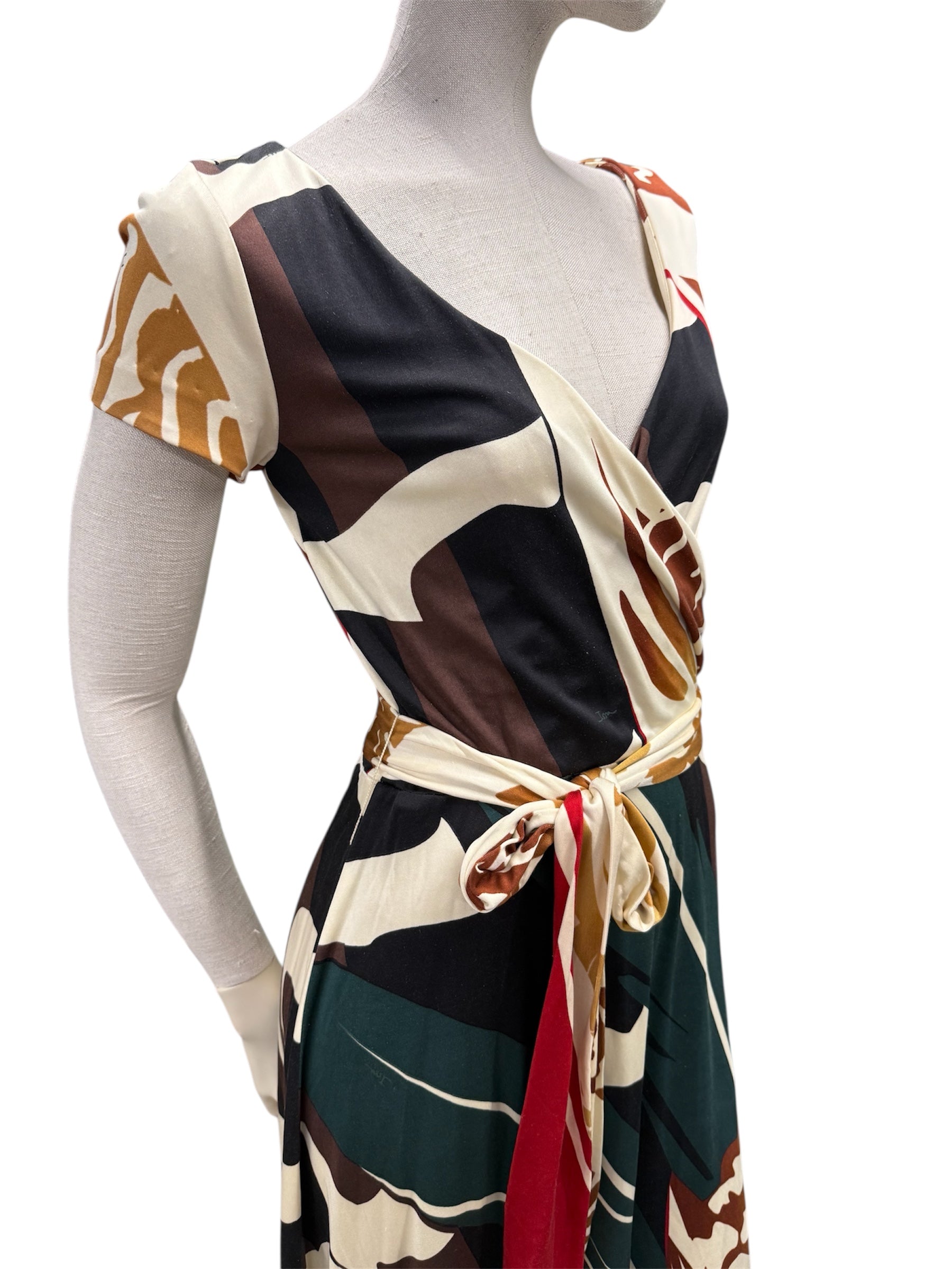 ISSA London Long-Sleeve Silk Dress – Green & Brown Graphic Print