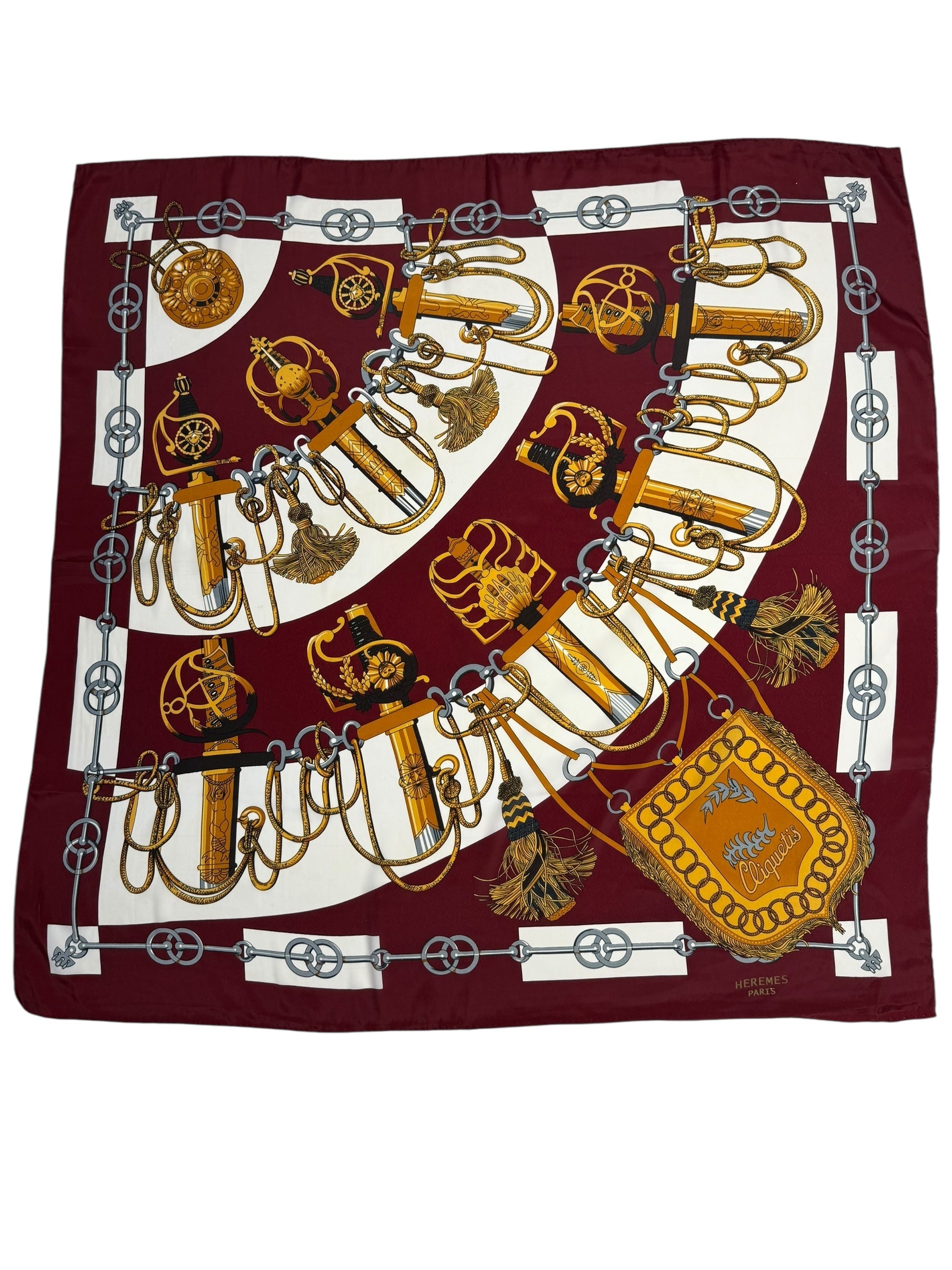 HERMÈS “CLIQUETIS” VINTAGE SILK SCARF – BORDEAUX