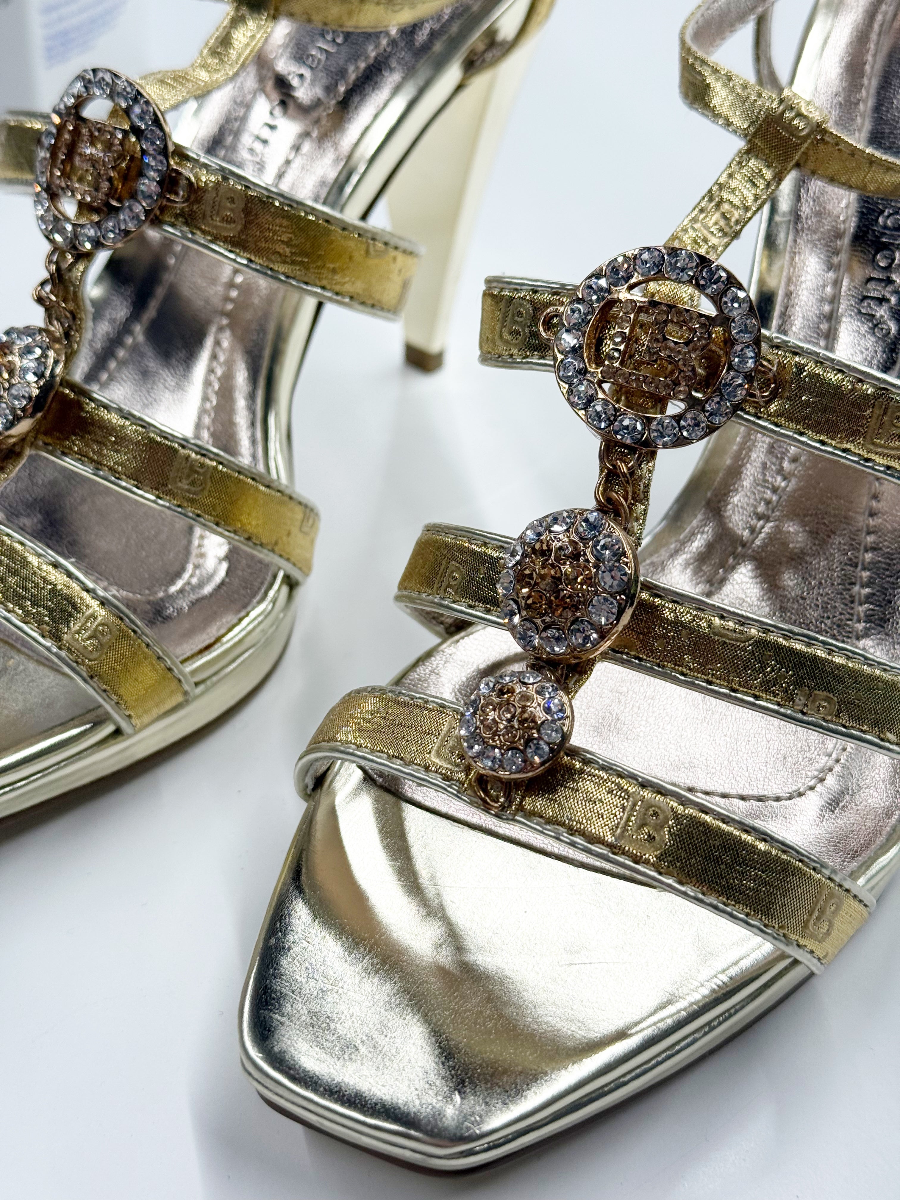 Laura Biagiotti Gold High-Heel Sandals with Crystal Embellishments