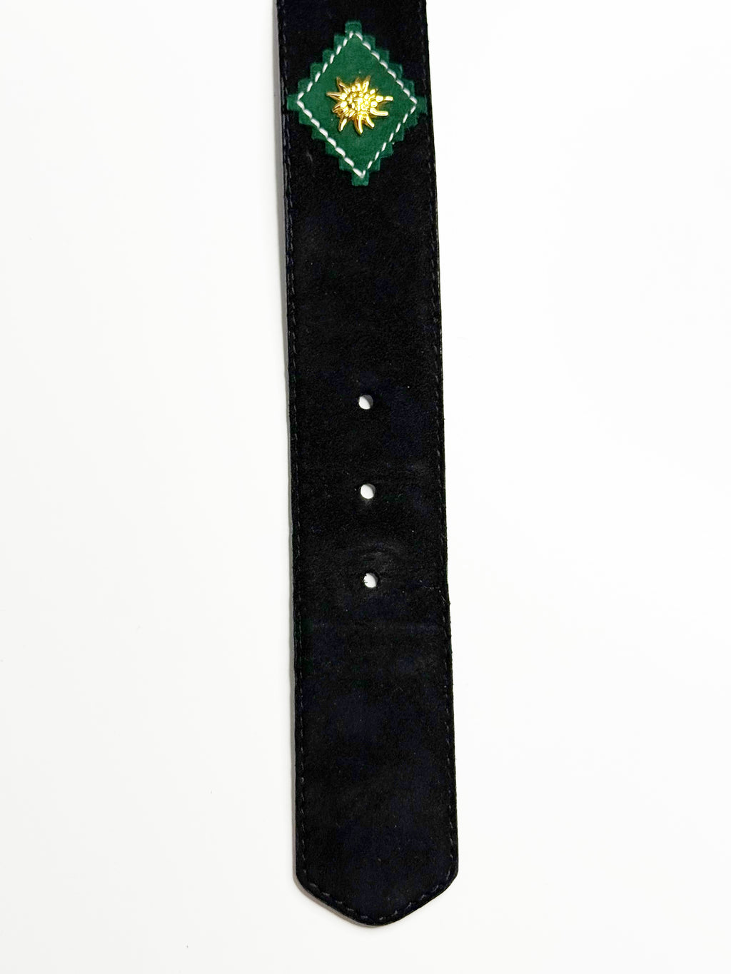 ESCADA Vintage Black Leather Belt with Gold Edelweiss Details