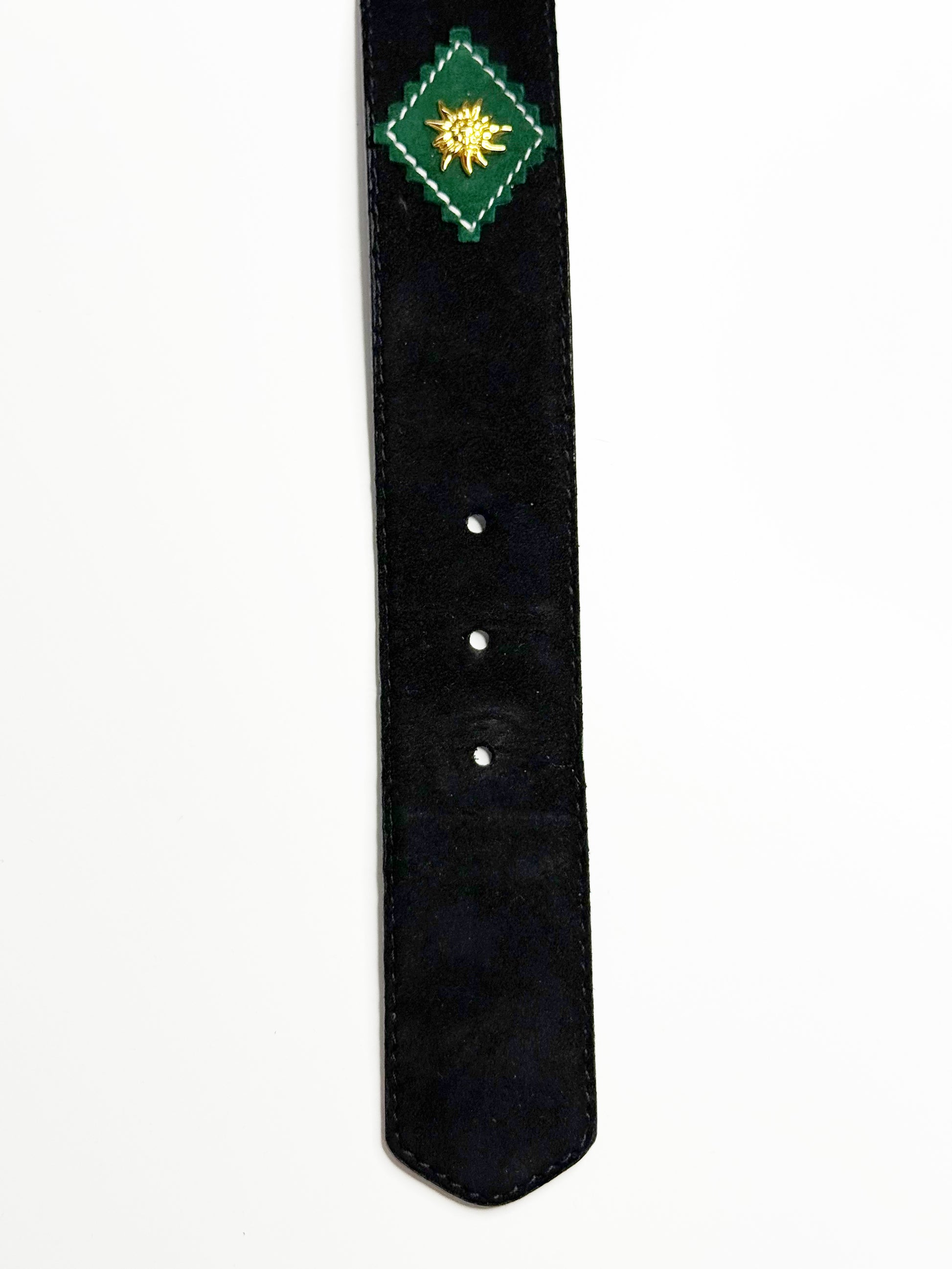 ESCADA Vintage Black Leather Belt with Gold Edelweiss Details