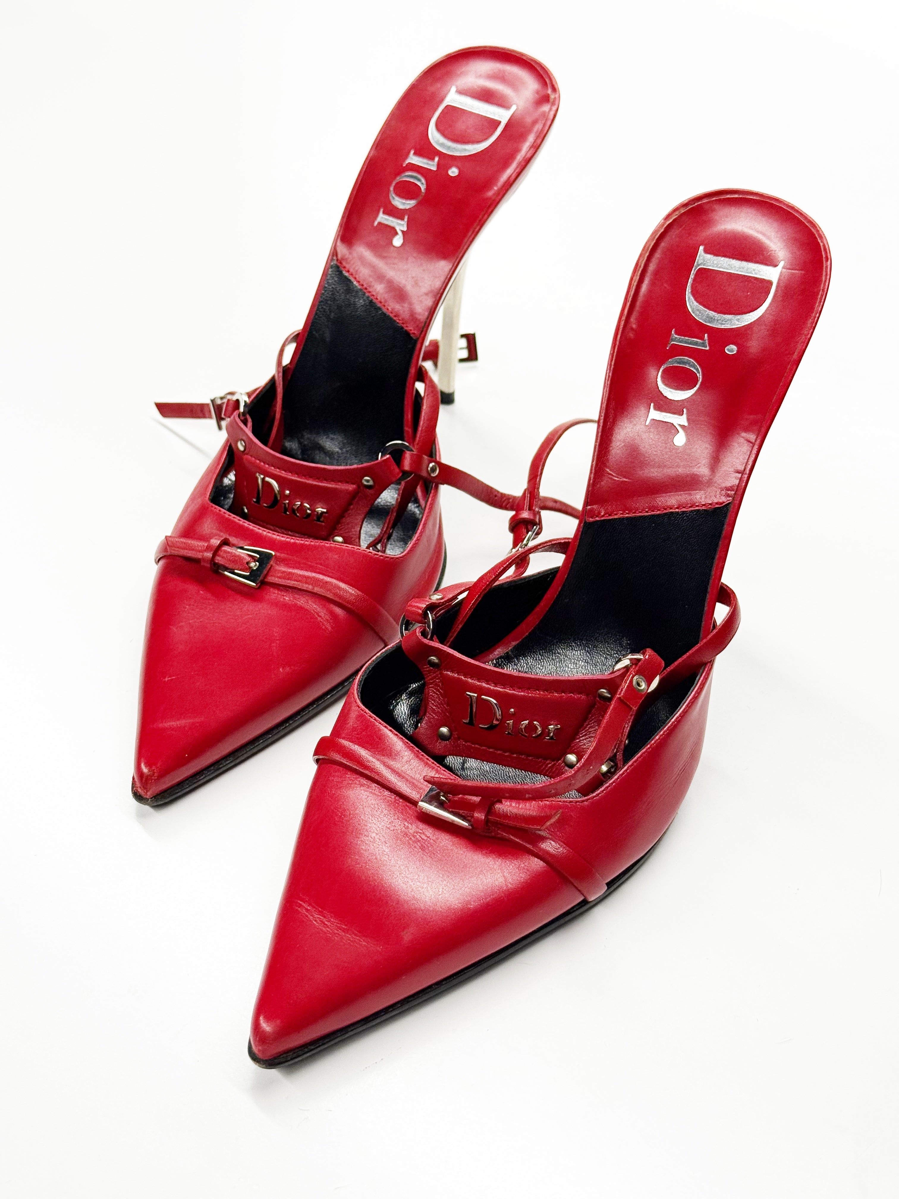 Christian Dior Red Heeled Pumps with Buckle and Strap Details