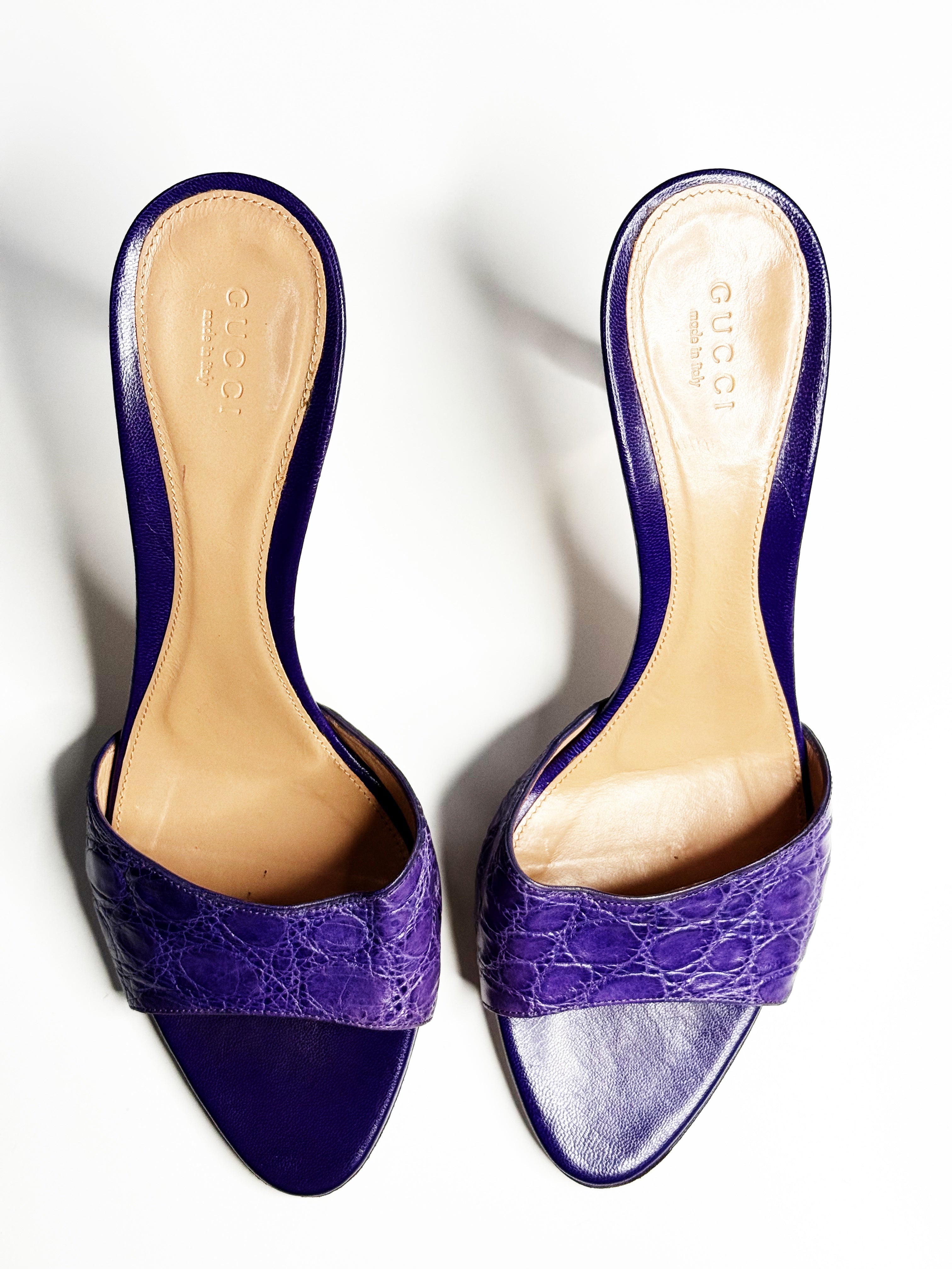 GUCCI Purple Croc-Effect Leather Mules