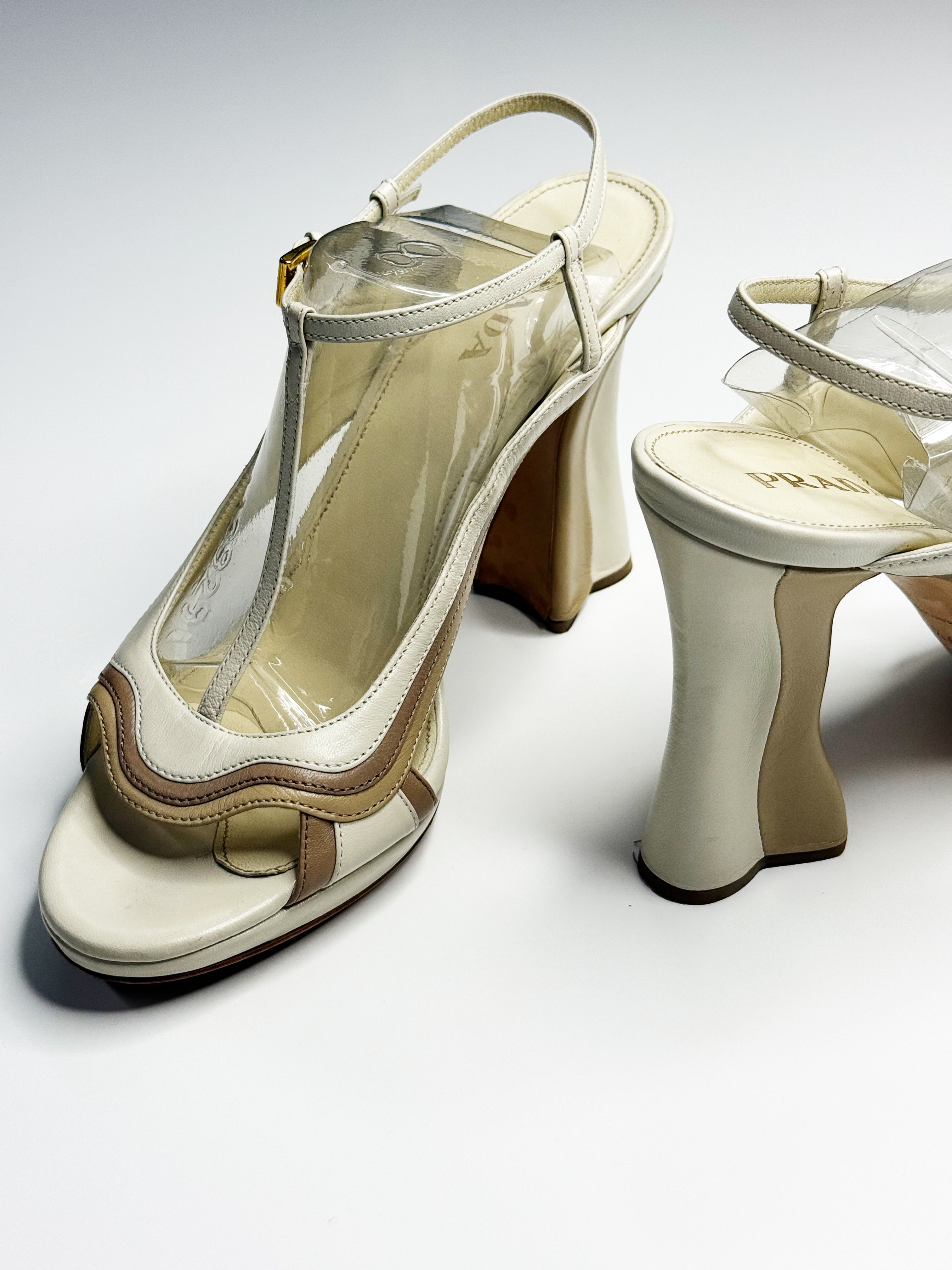 Prada Curved Heel Vinyl & Leather Sandals