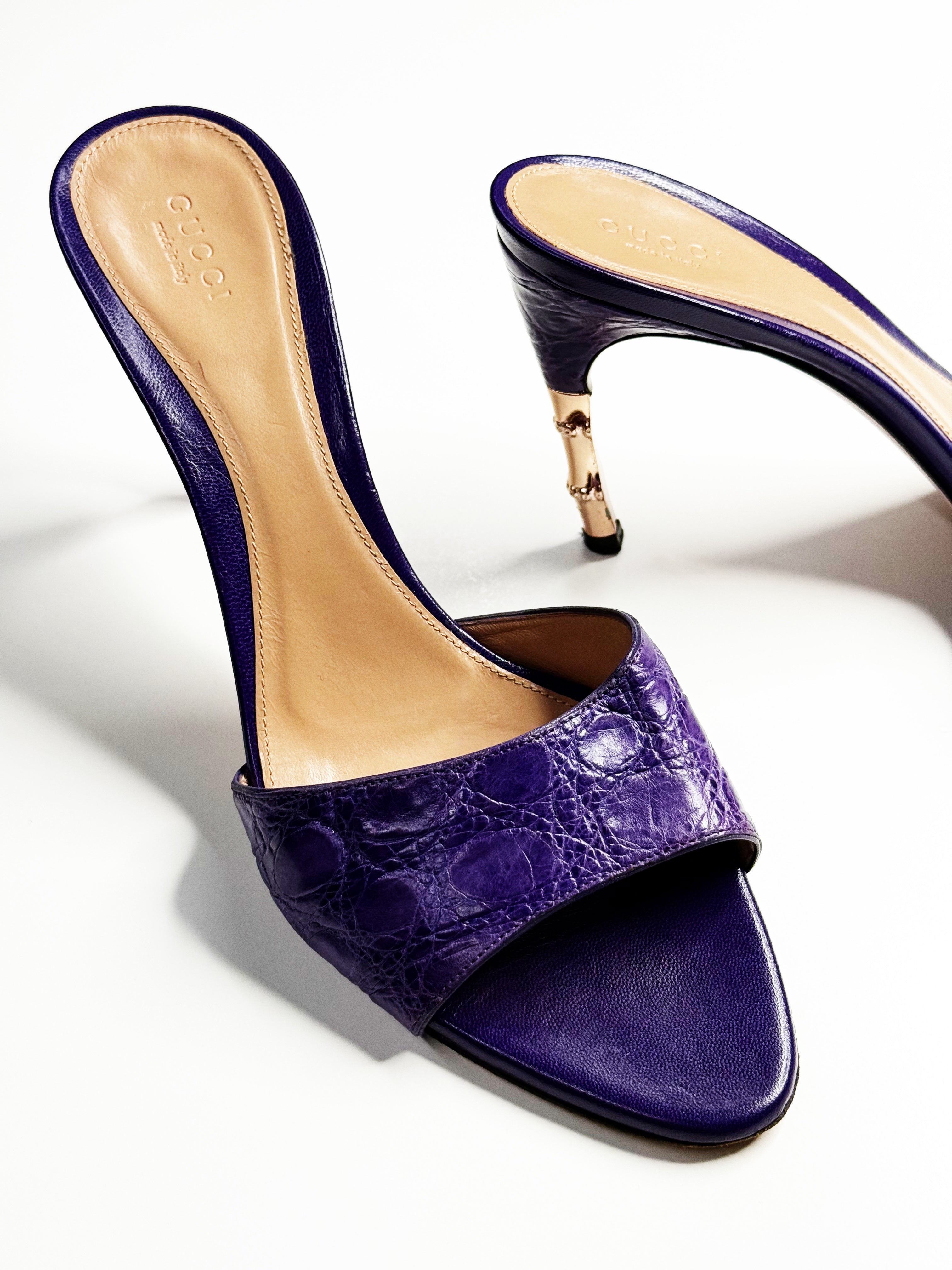 GUCCI Purple Croc-Effect Leather Mules