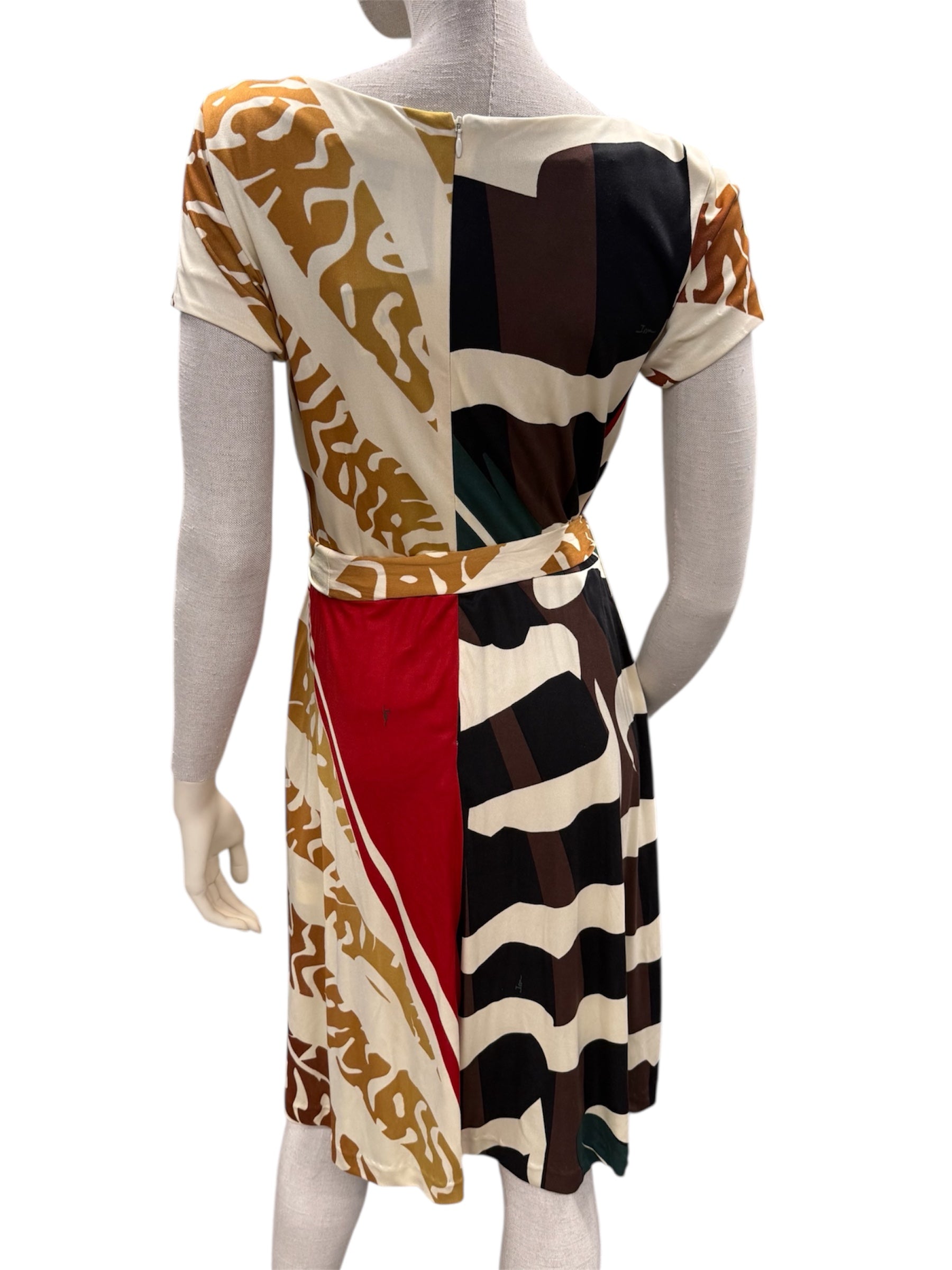 ISSA London Long-Sleeve Silk Dress – Green & Brown Graphic Print