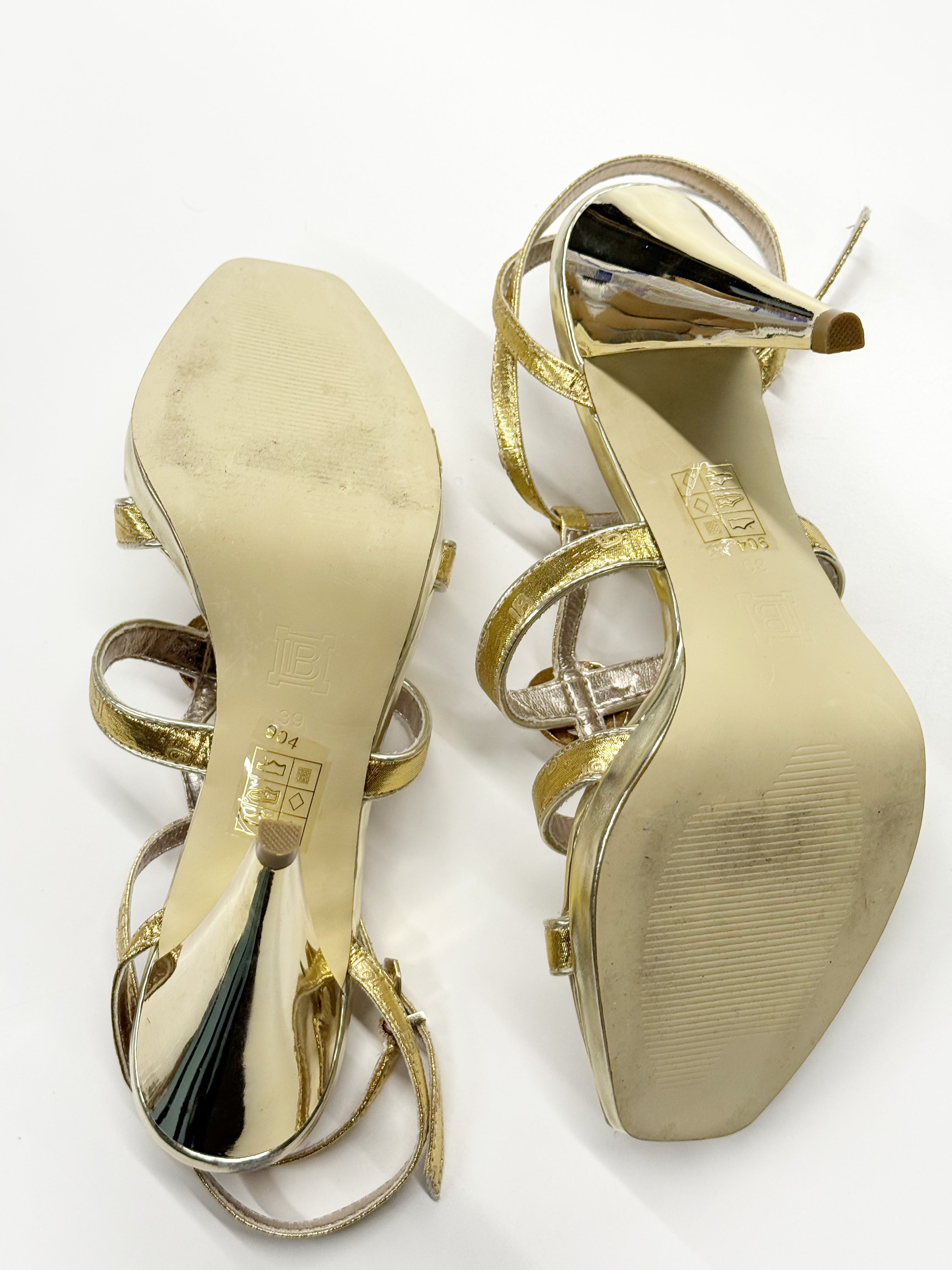Laura Biagiotti Gold High-Heel Sandals with Crystal Embellishments