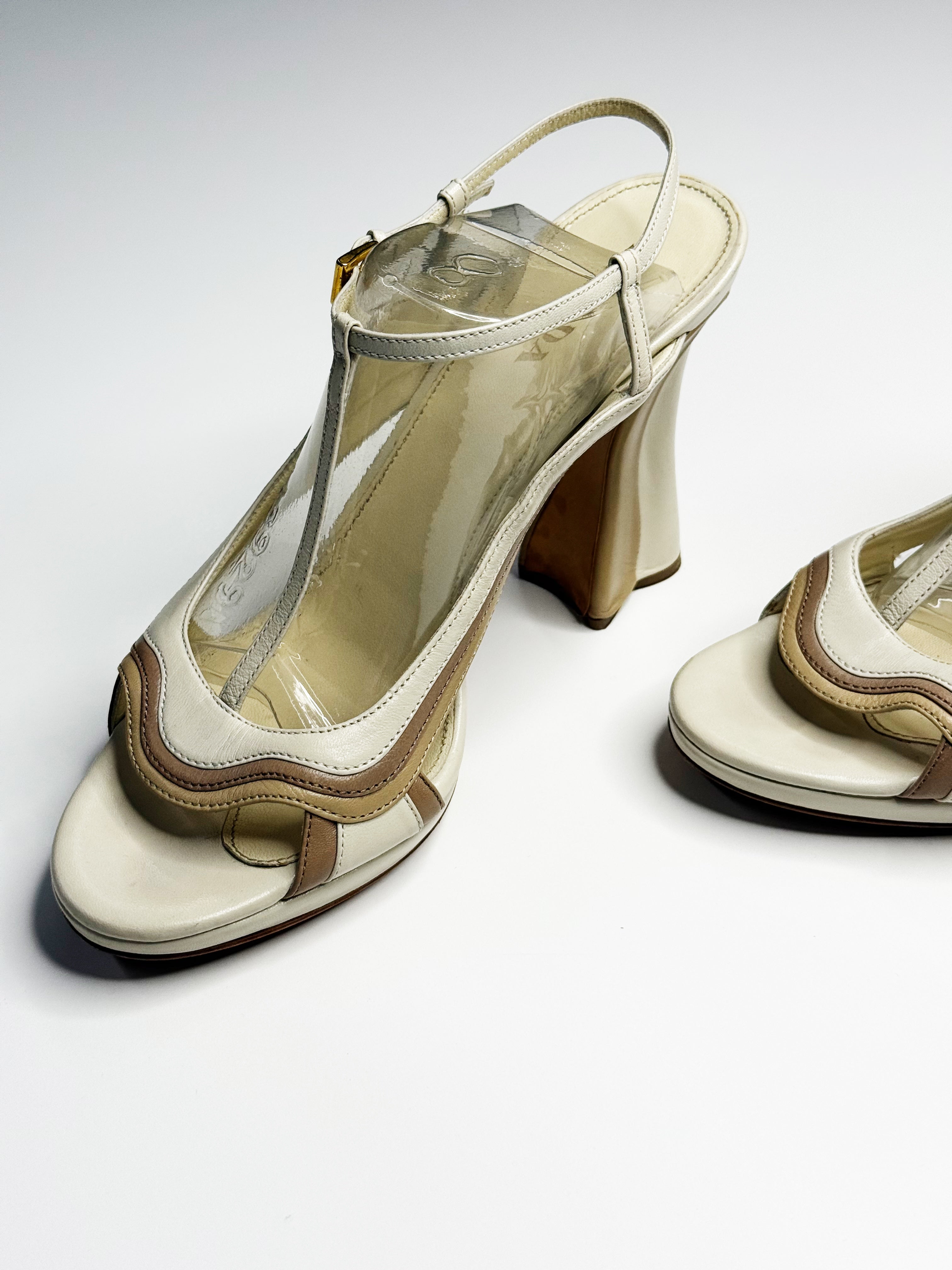 Prada Curved Heel Vinyl & Leather Sandals