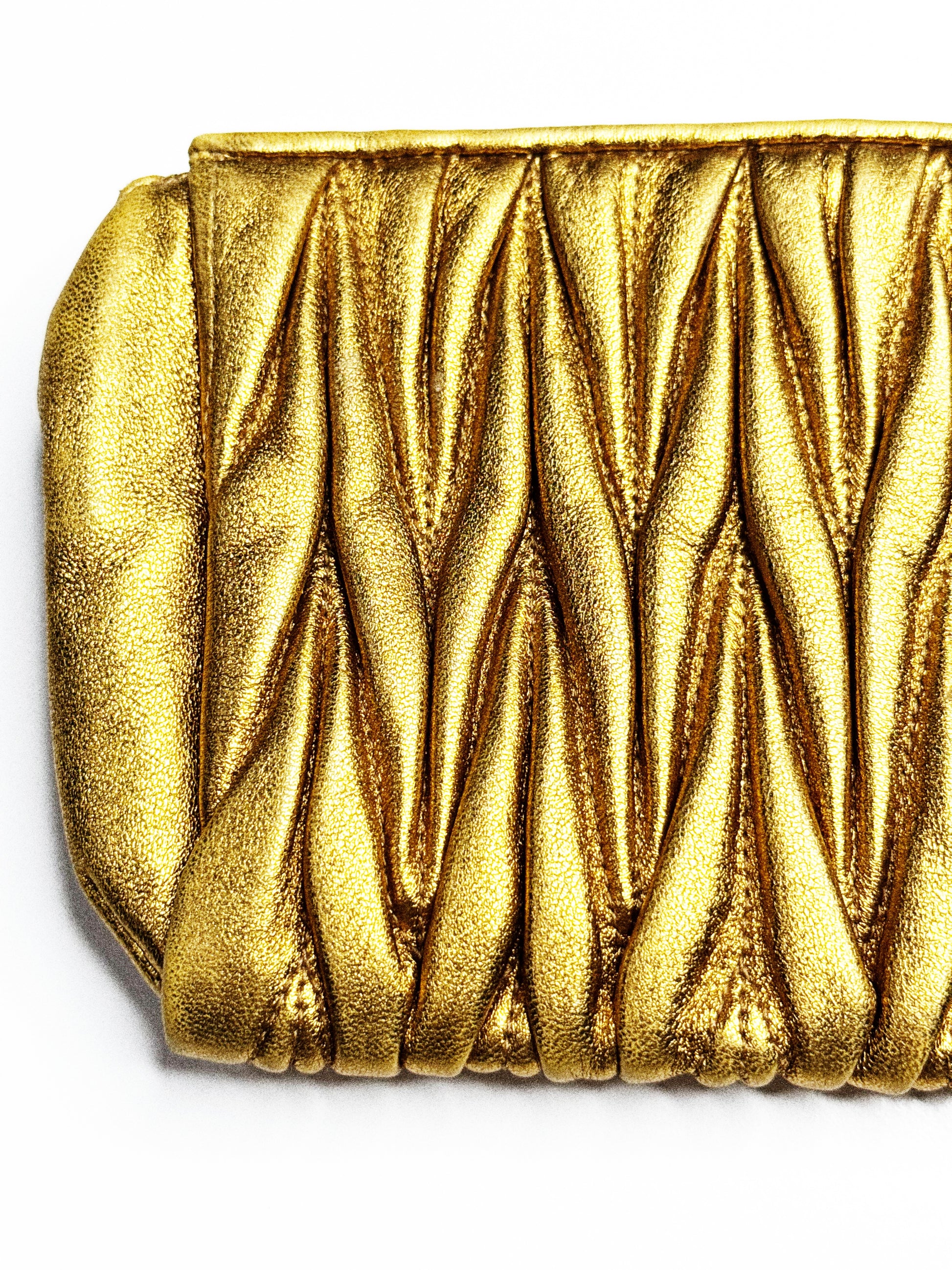 Miu Miu Ruched Metallic Gold Leather Clutch