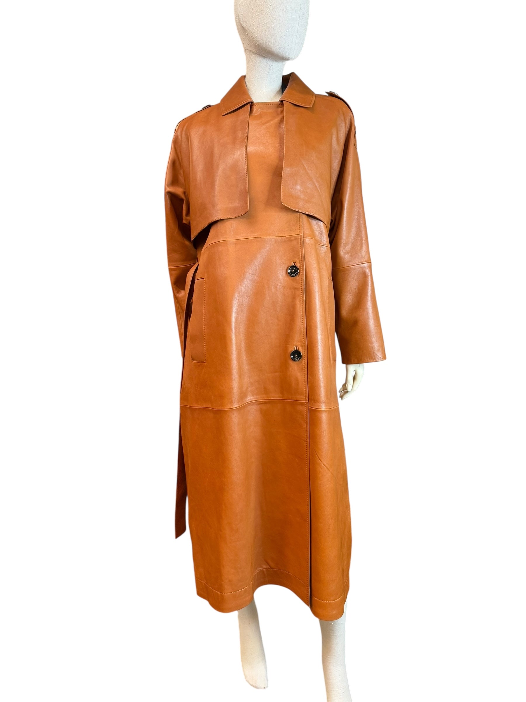 MASSIMO DUTTI LEATHER TRENCH COAT – CAMEL – SIZE L