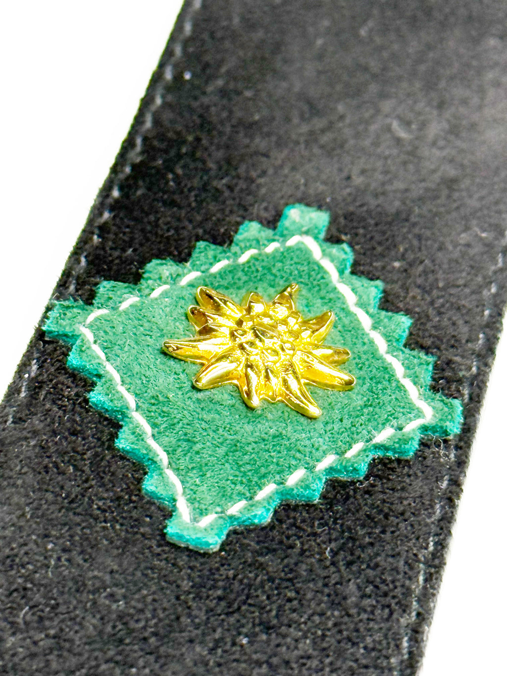ESCADA Vintage Black Leather Belt with Gold Edelweiss Details