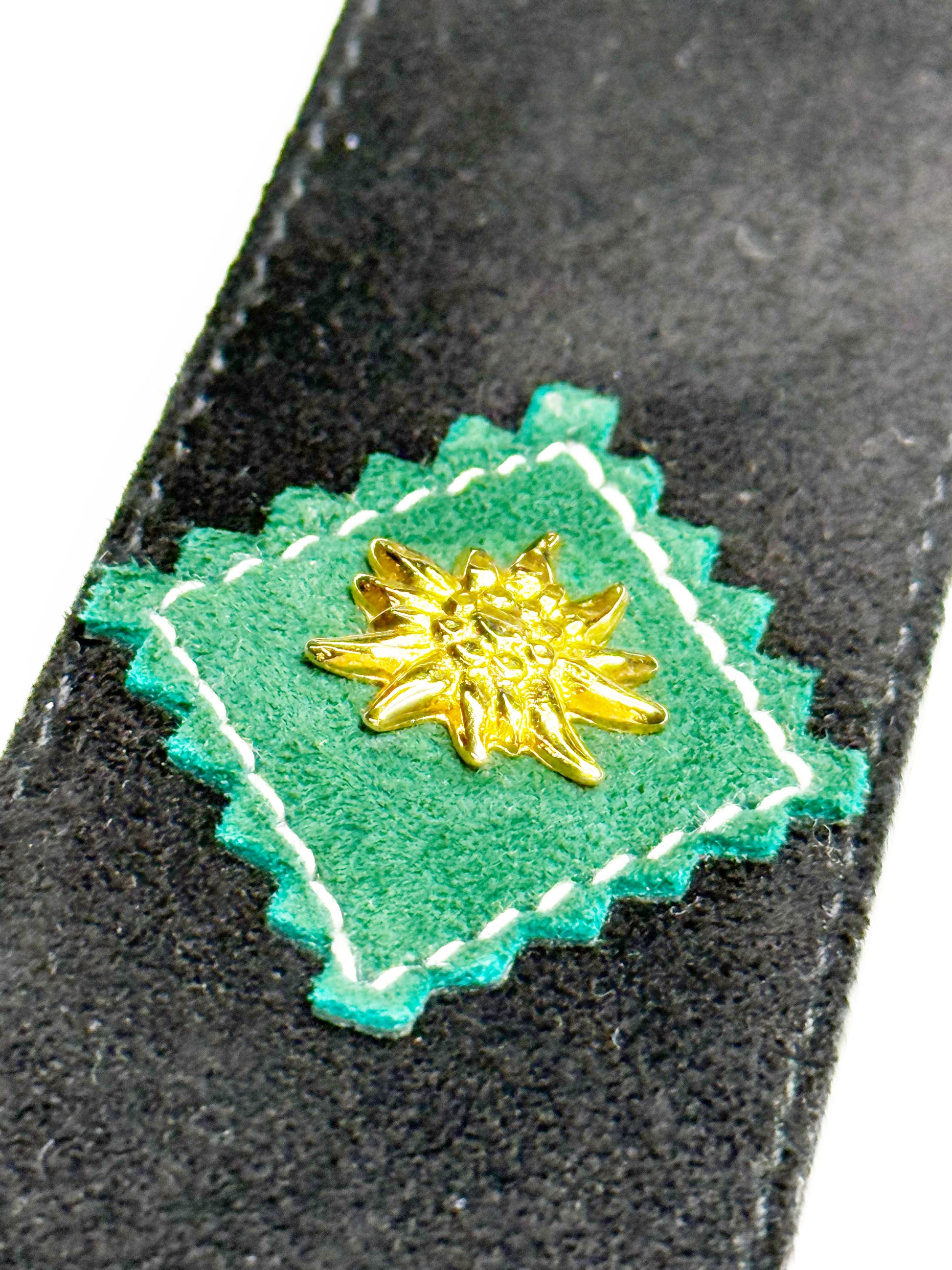 ESCADA Vintage Black Leather Belt with Gold Edelweiss Details