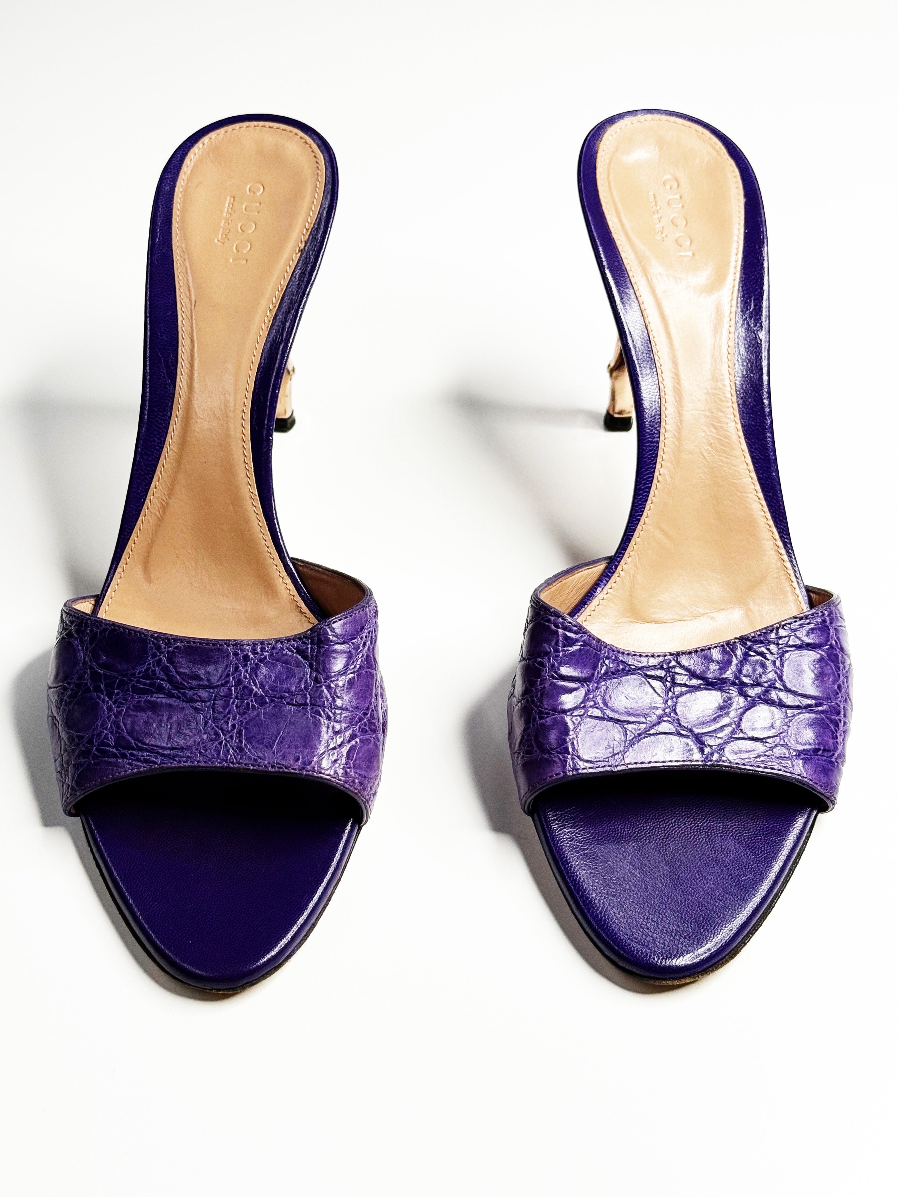 GUCCI Purple Croc-Effect Leather Mules
