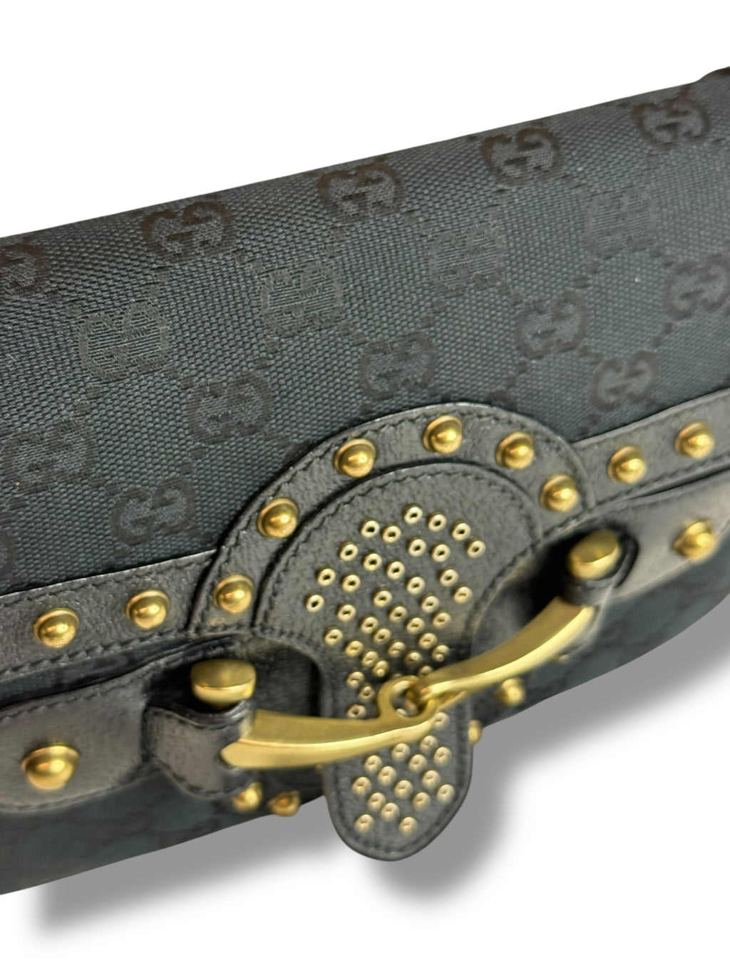 Gucci Studded Pelham Shoulder Bag in Black GG Canvas