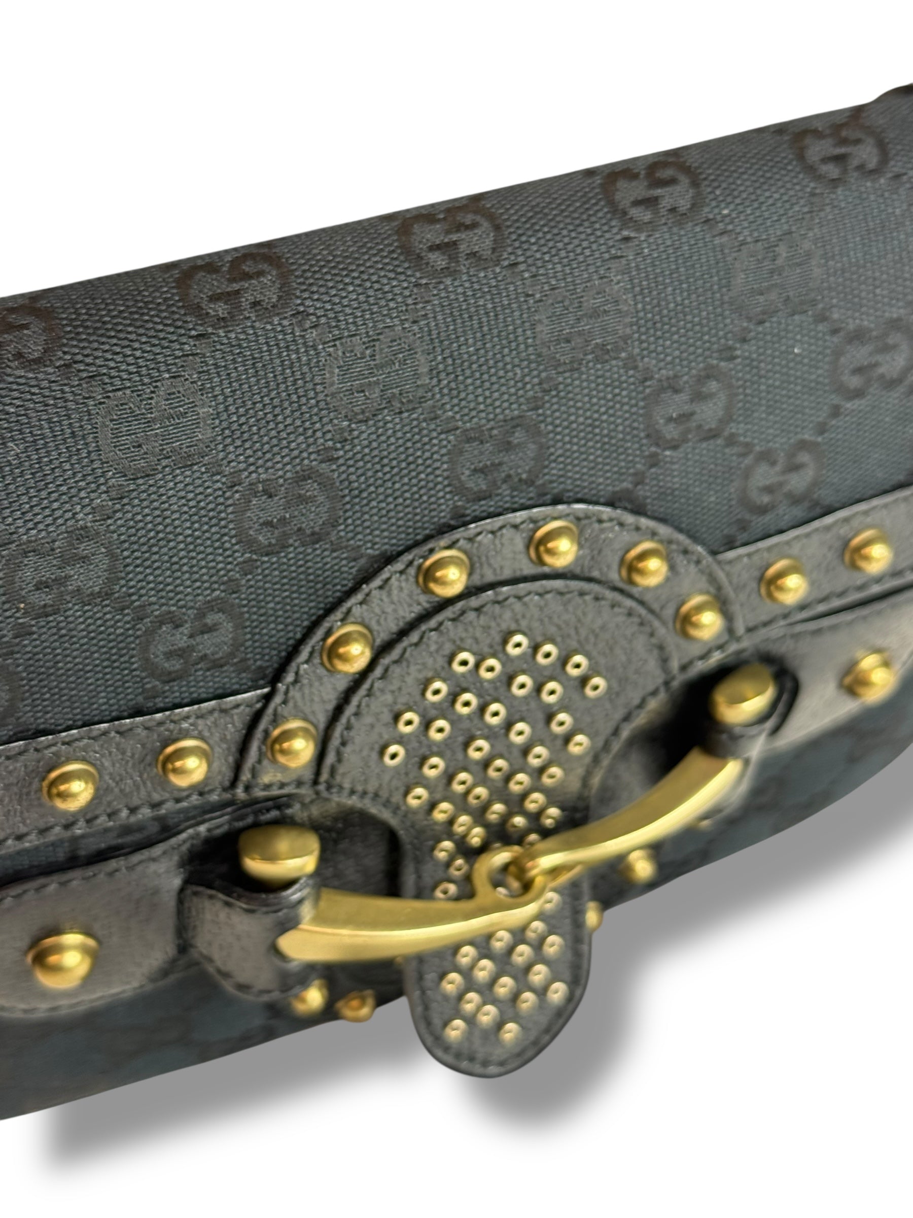 Gucci Studded Pelham Shoulder Bag in Black GG Canvas