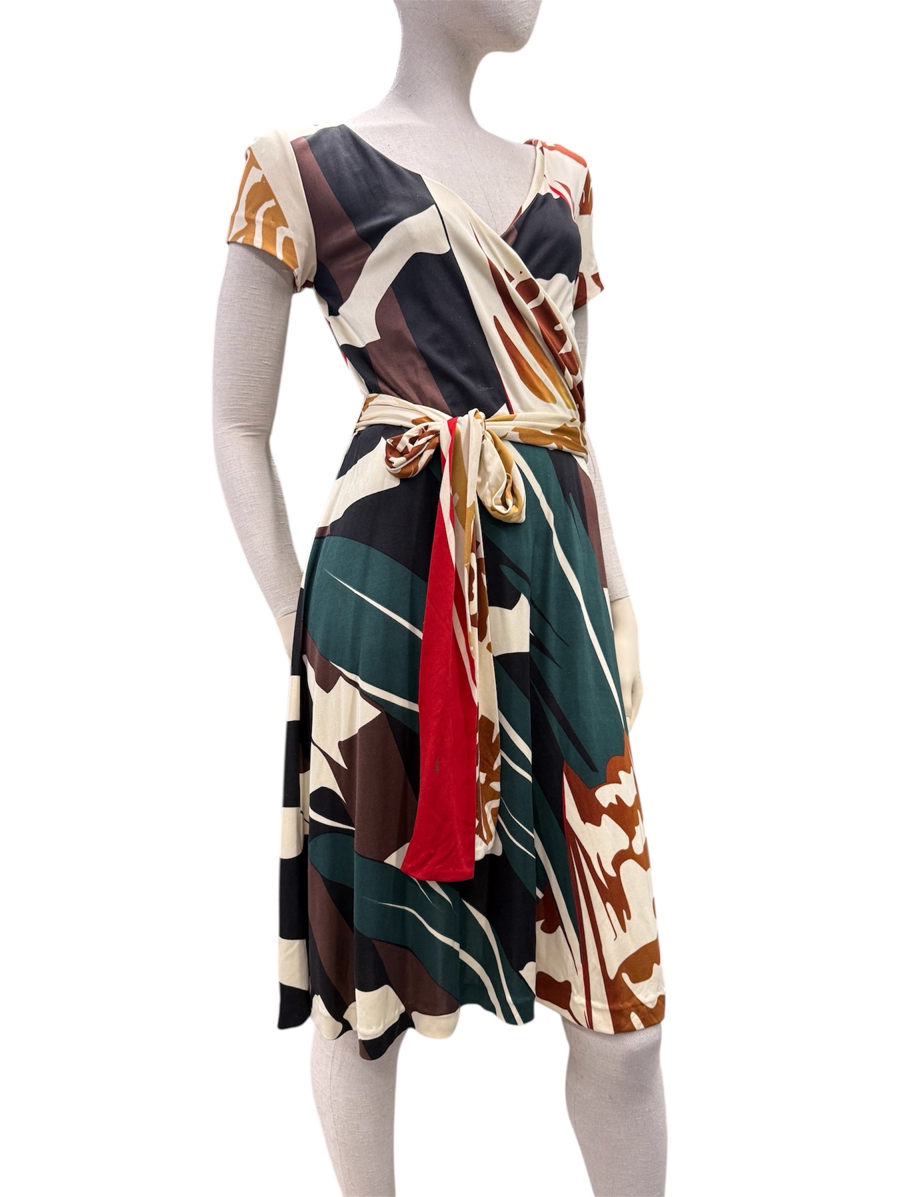 ISSA London Long-Sleeve Silk Dress – Green & Brown Graphic Print