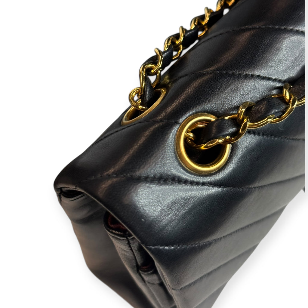 Chanel Vintage Double Flap Medium Chevron Bag — Black Lambskin, 24K