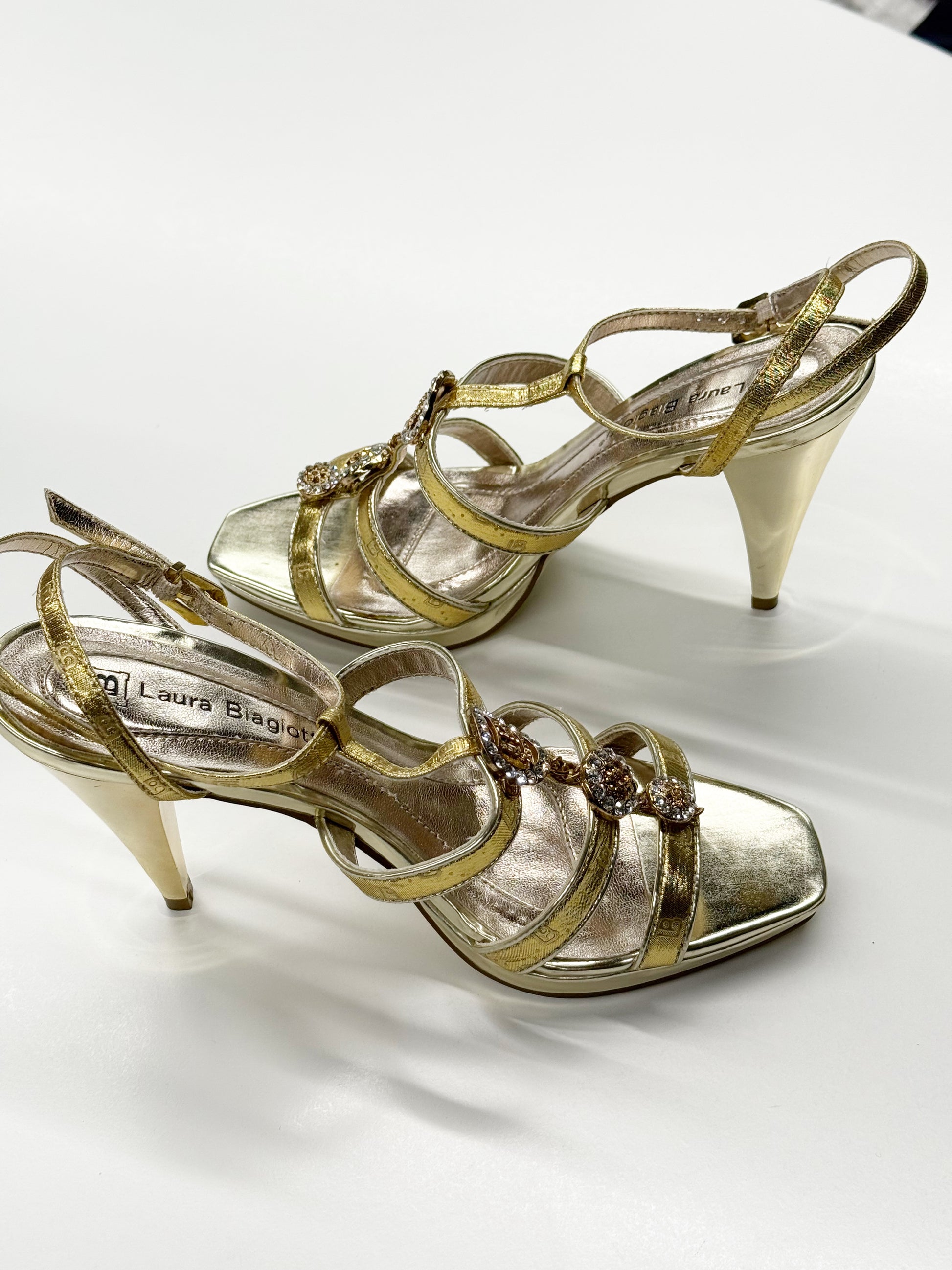 Laura Biagiotti Gold High-Heel Sandals with Crystal Embellishments