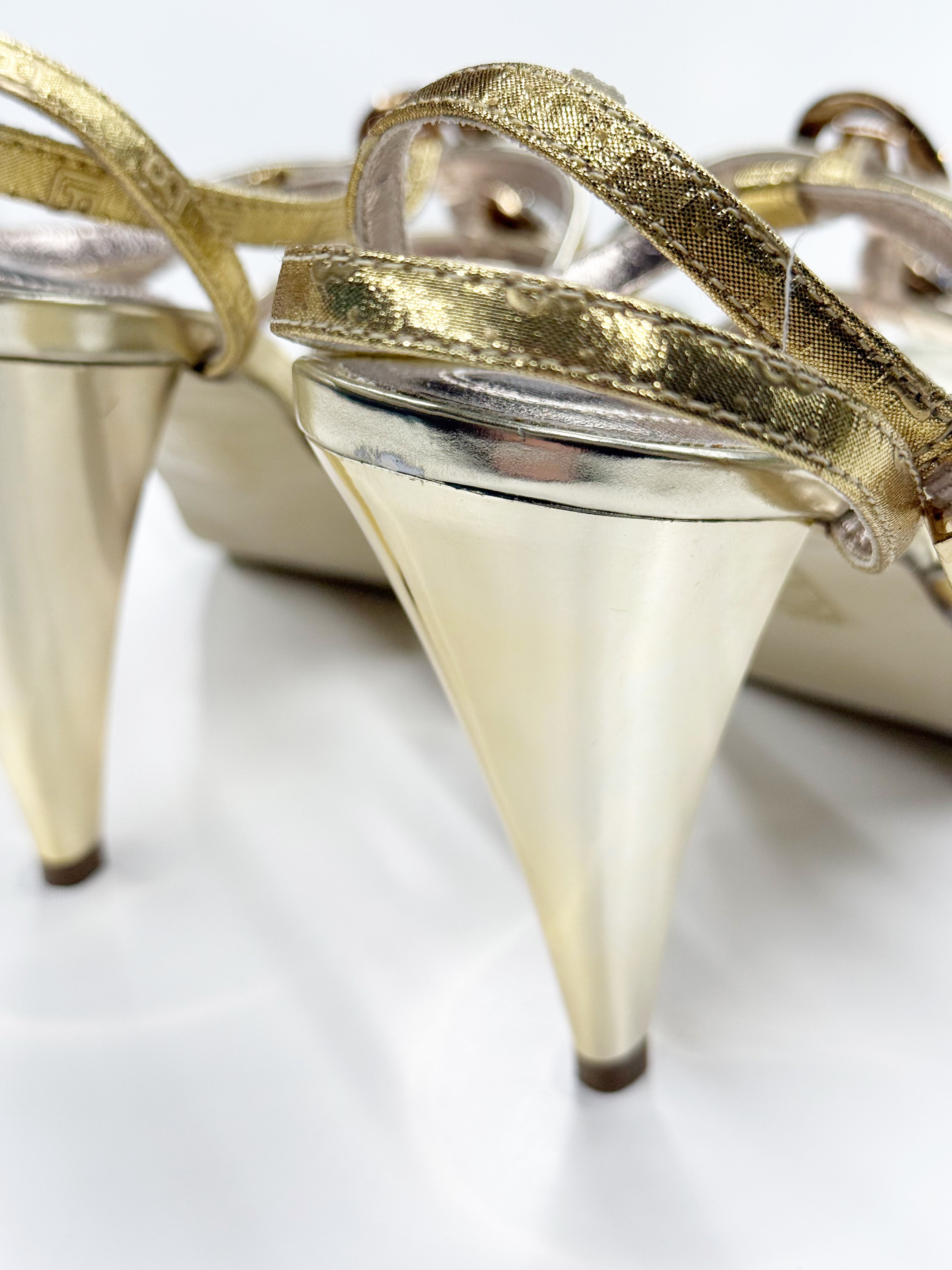 Laura Biagiotti Gold High-Heel Sandals with Crystal Embellishments