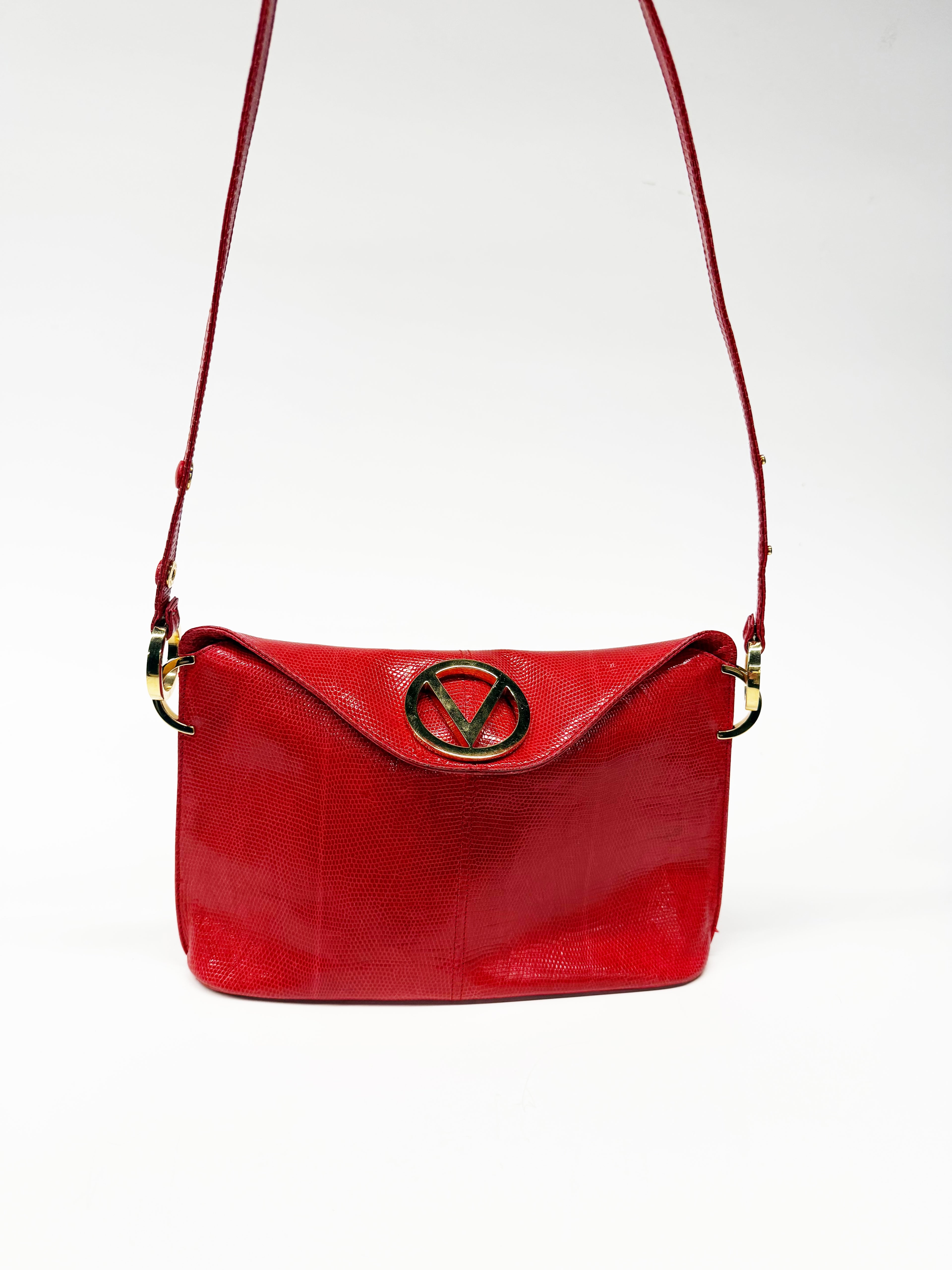 VALENTINO GARAVANI RED LIZARD EMBOSSED SHOULDER BAG GOLD V LOGO