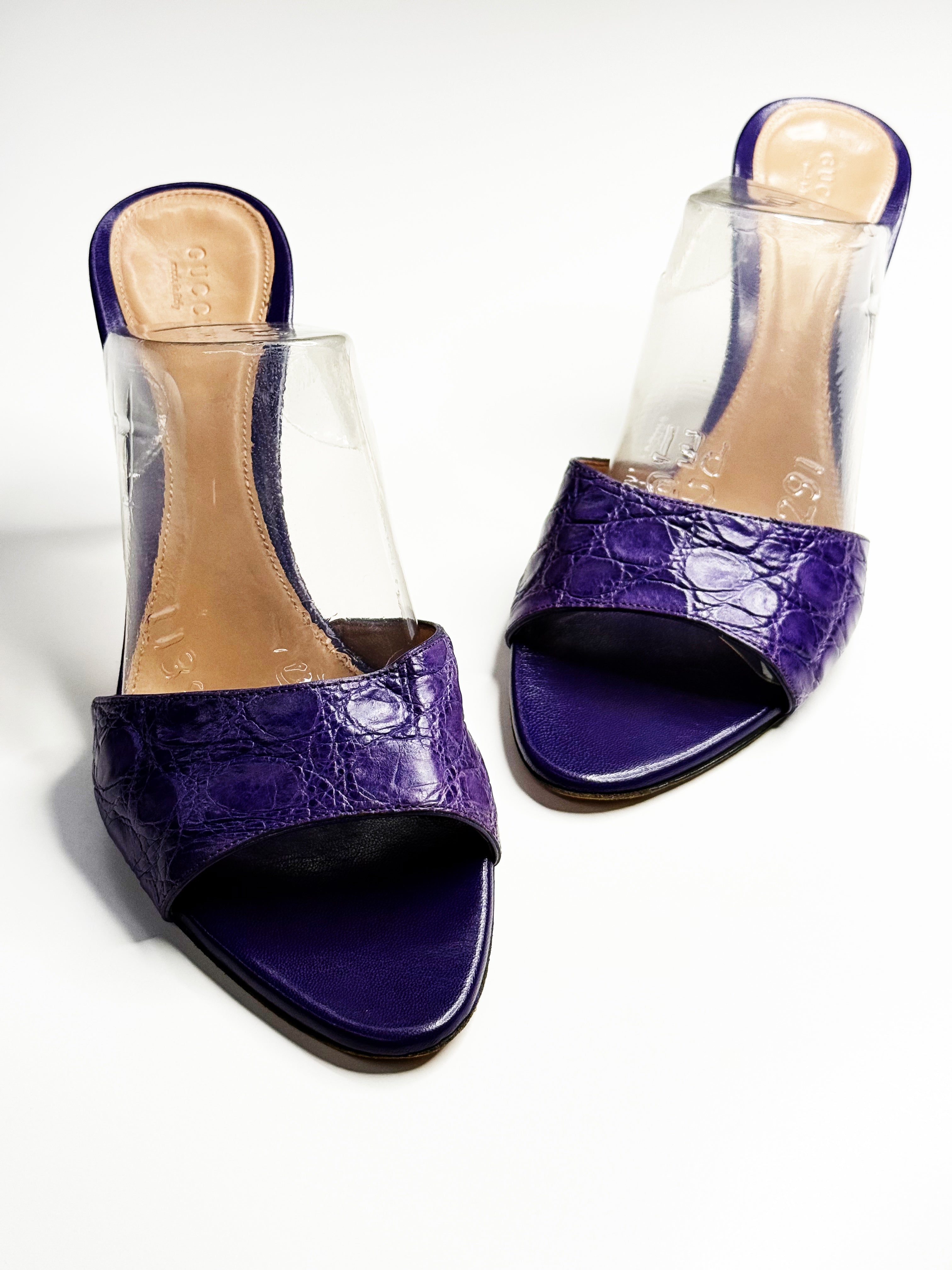 GUCCI Purple Croc-Effect Leather Mules