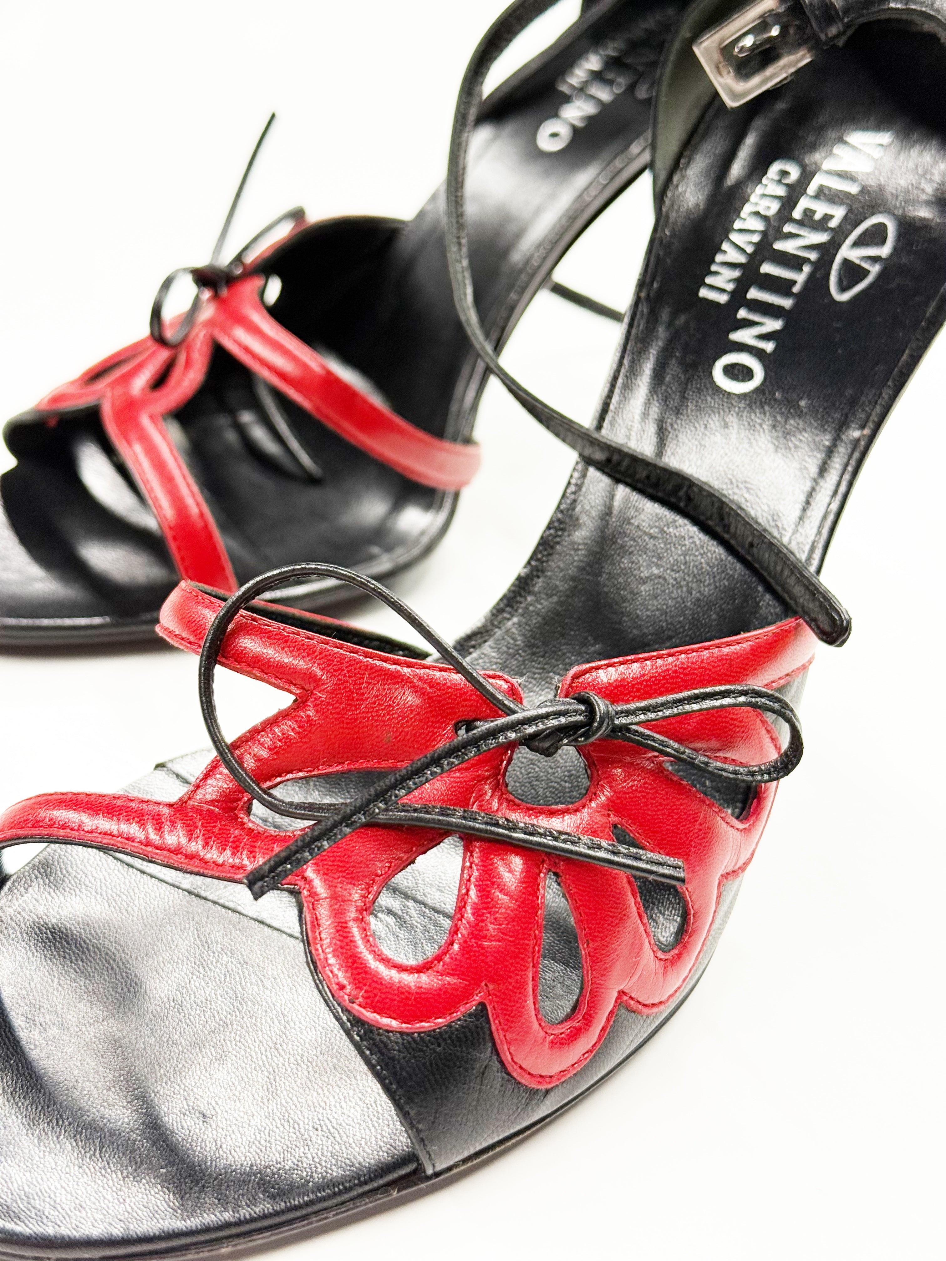 Valentino Garavani Red & Black Leather Heeled Sandals