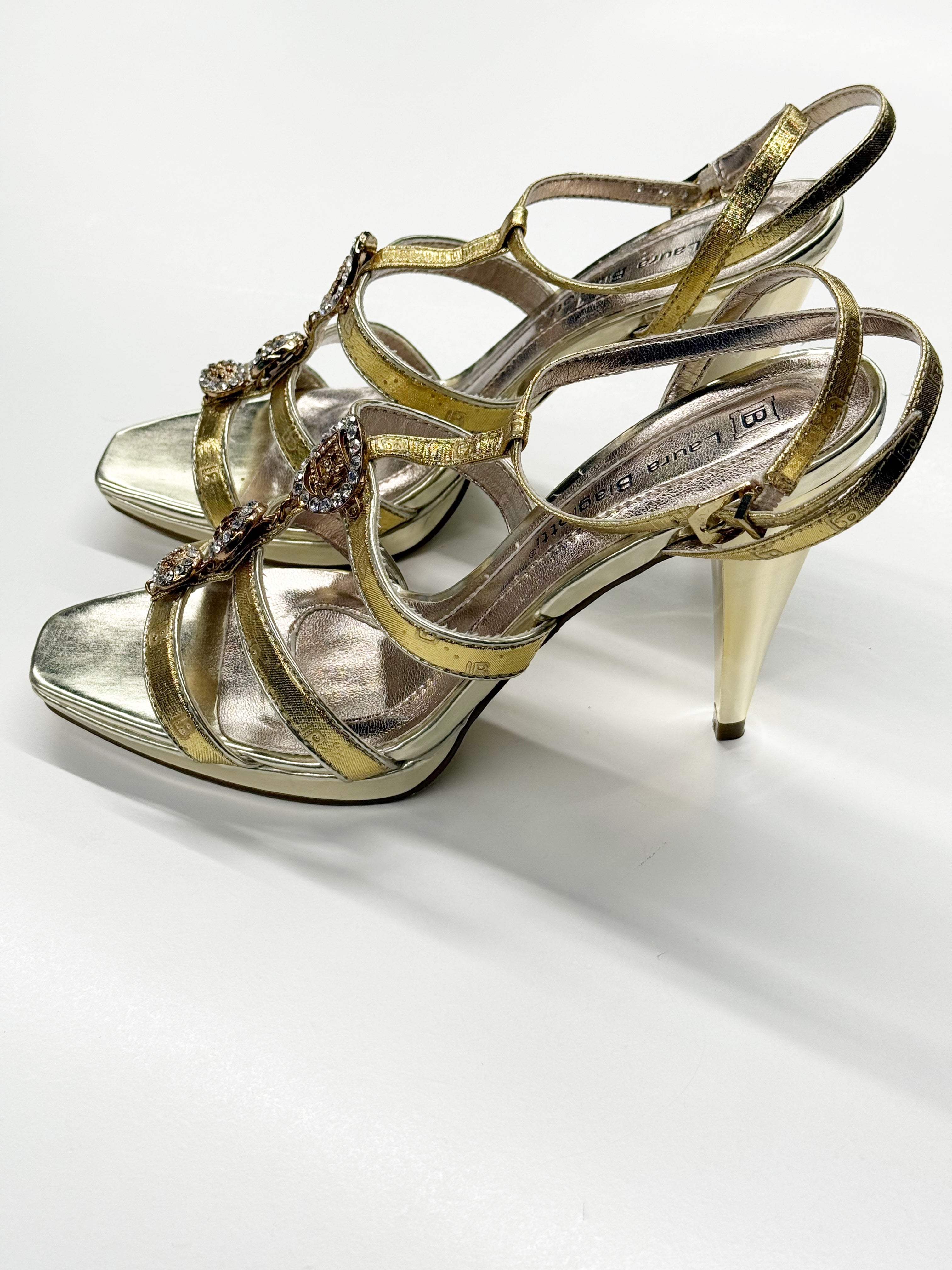 Laura Biagiotti Gold High-Heel Sandals with Crystal Embellishments
