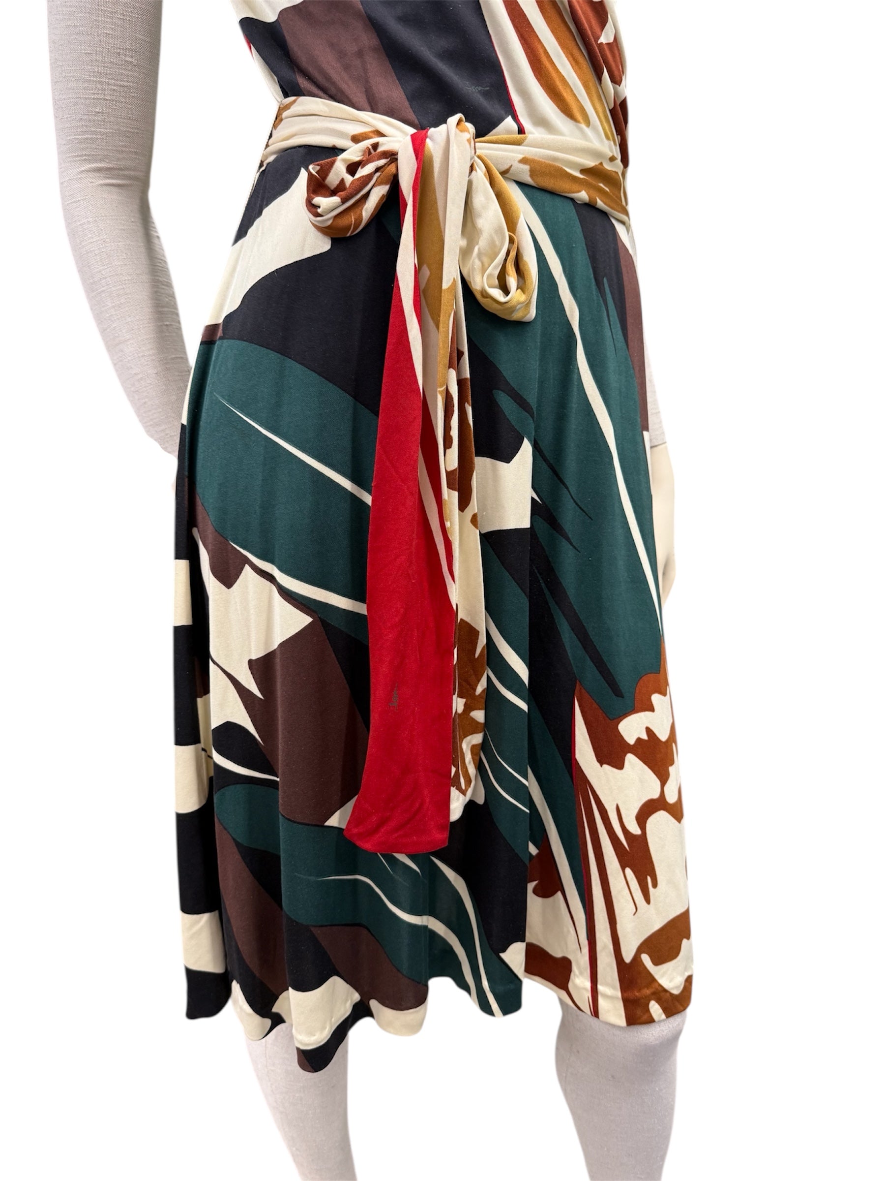 ISSA London Long-Sleeve Silk Dress – Green & Brown Graphic Print