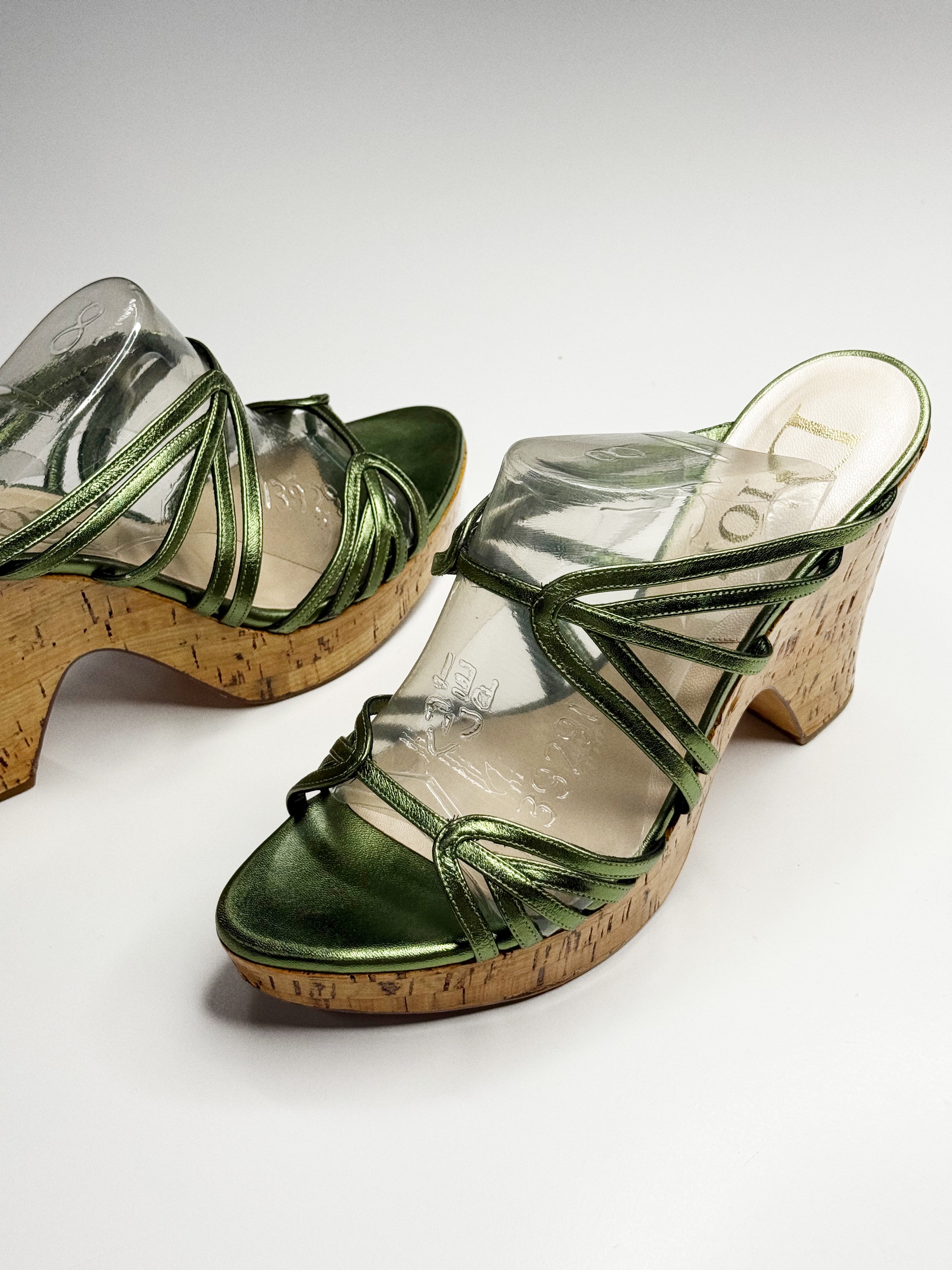 Christian Dior Metallic Green Cork Wedge Sandals