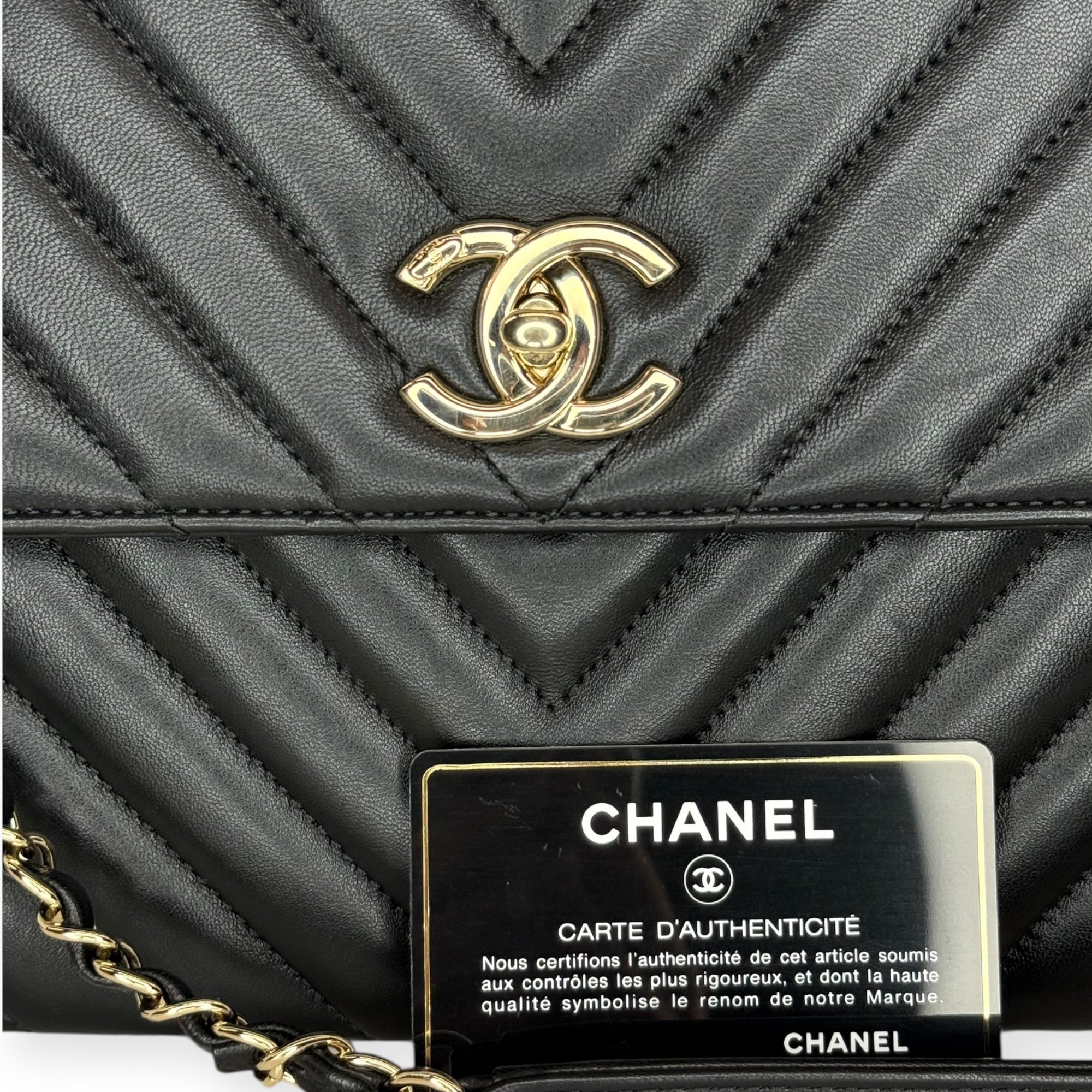 Chanel Chevron Caviar Top Handle Bag — Black Lambskin, Gold Hardware