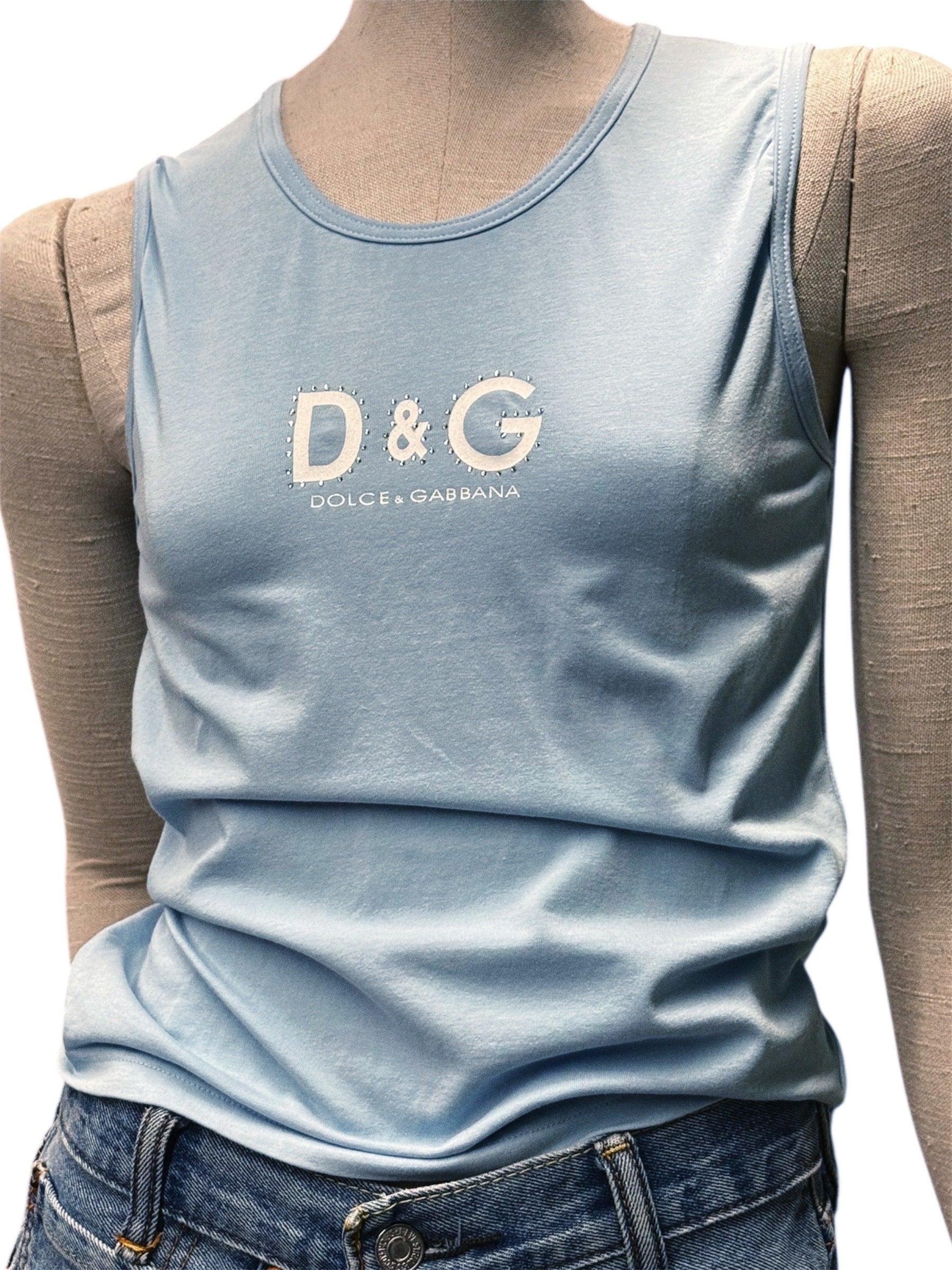 Dolce & Gabbana Light Blue Tank Top with Rhinestone Logo