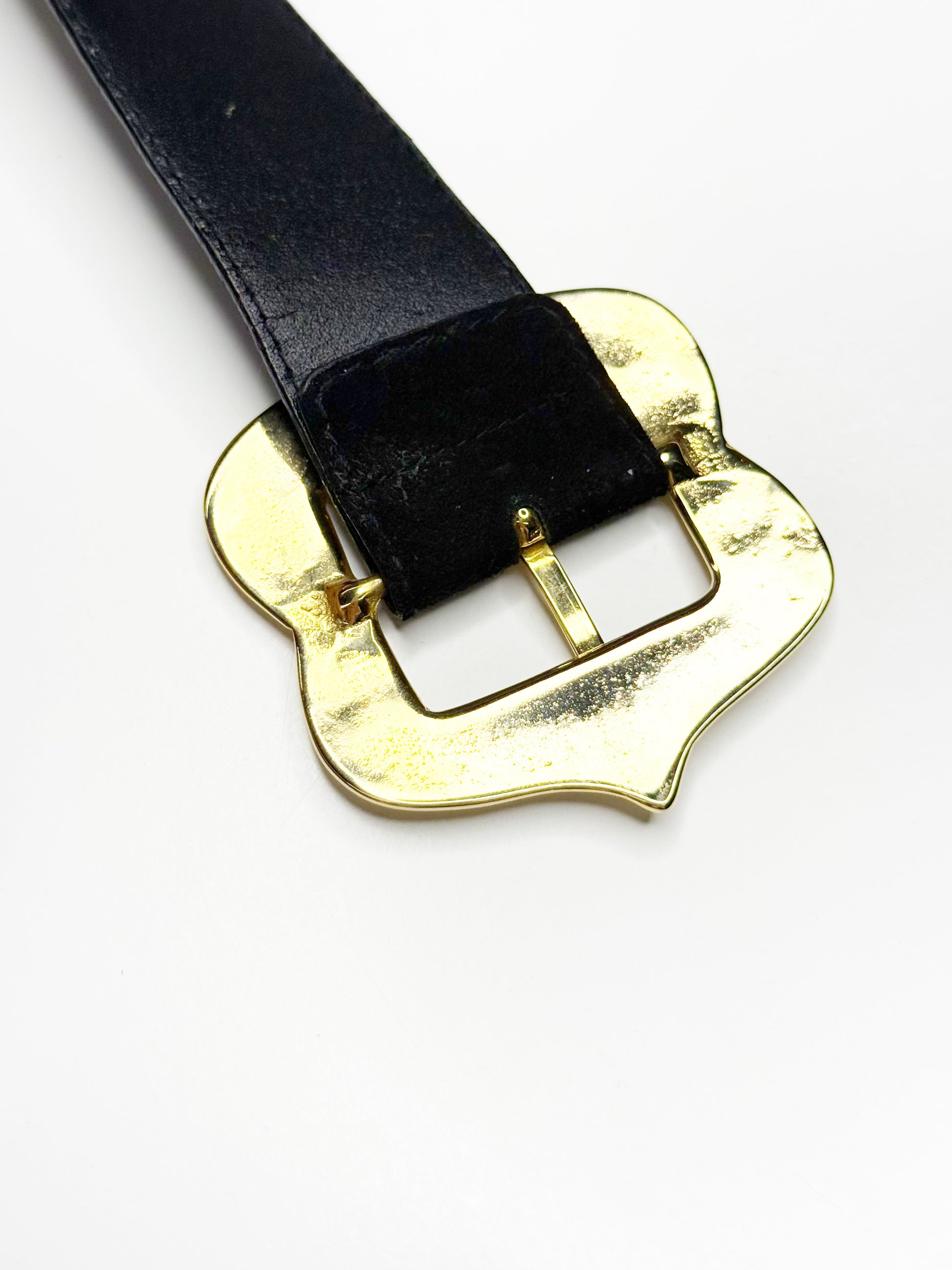 ESCADA Vintage Black Leather Belt with Gold Edelweiss Details