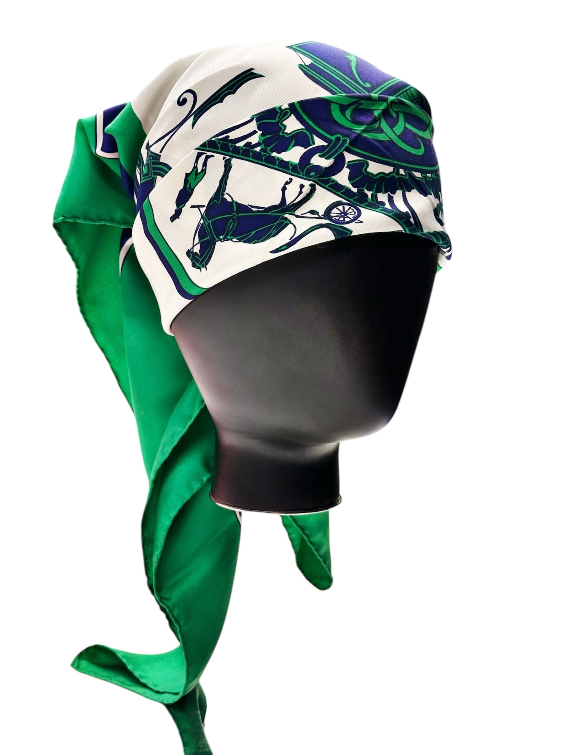 Vintage Hermès Paris Silk Scarf with Equestrian Carriage Print – Green & Navy – 100% Silk France