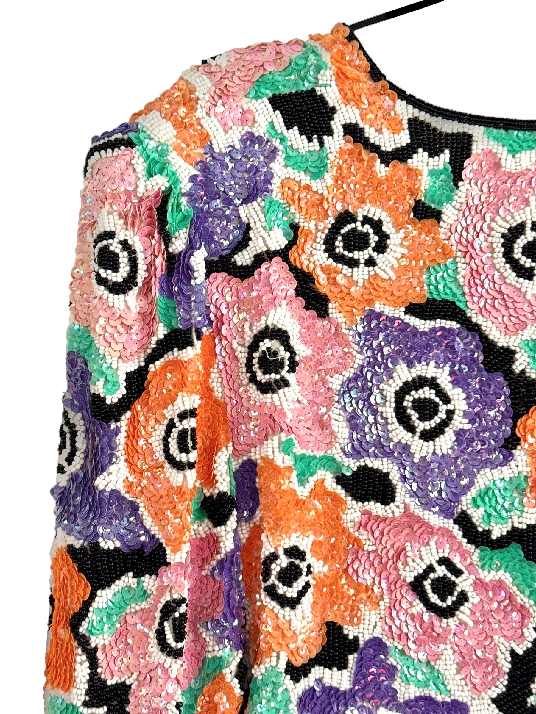 Vintage Black Tie Sequin Floral Silk Jacket - EU 38–40