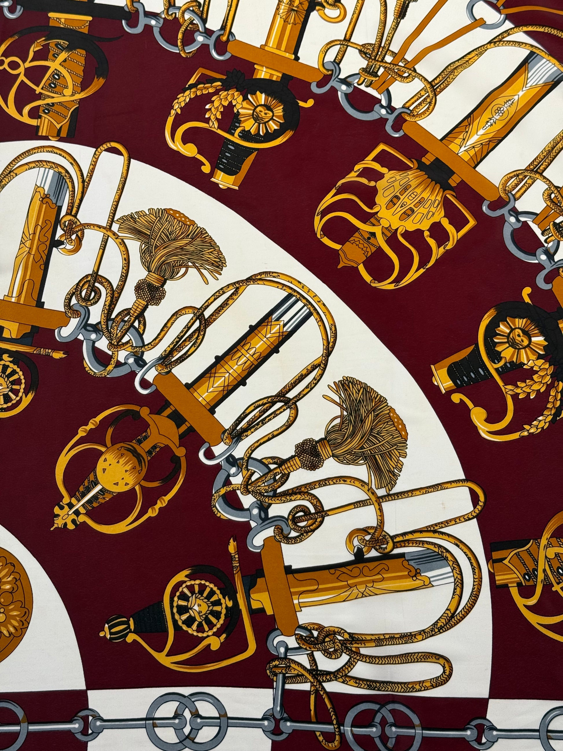 HERMÈS “CLIQUETIS” VINTAGE SILK SCARF – BORDEAUX