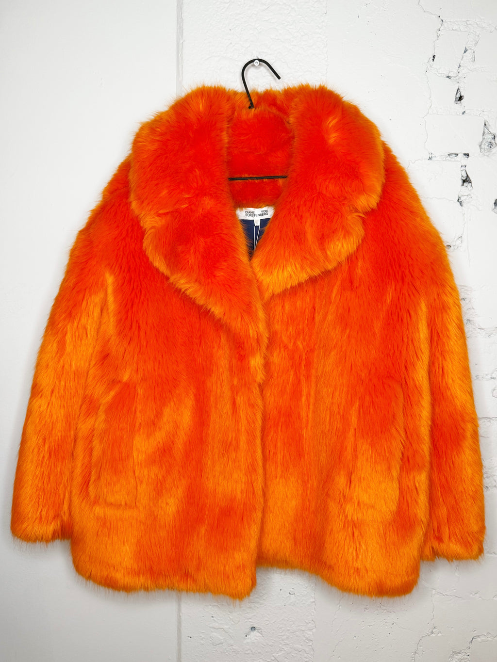 Diane von Furstenberg Faux Fur Coat in Tangerine - M