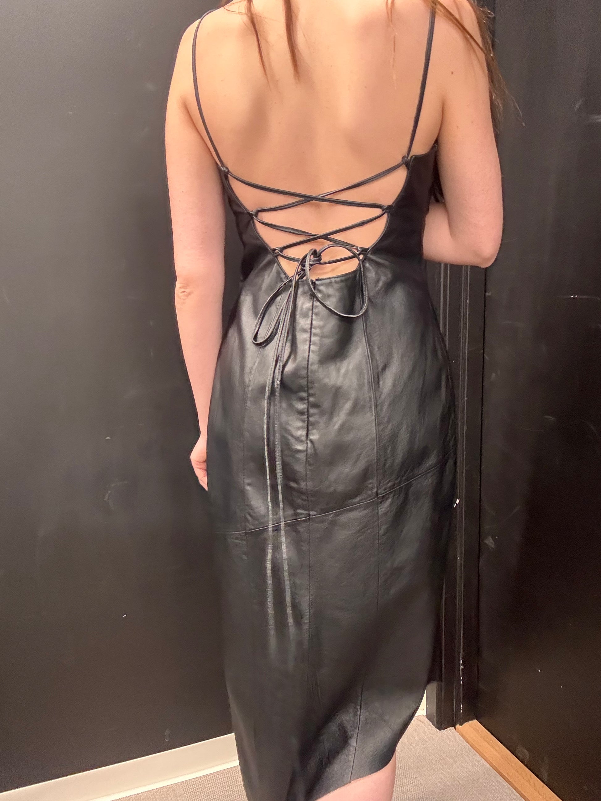 Black Leather Lace-Up Dress with Spray Floral Detail — Faust