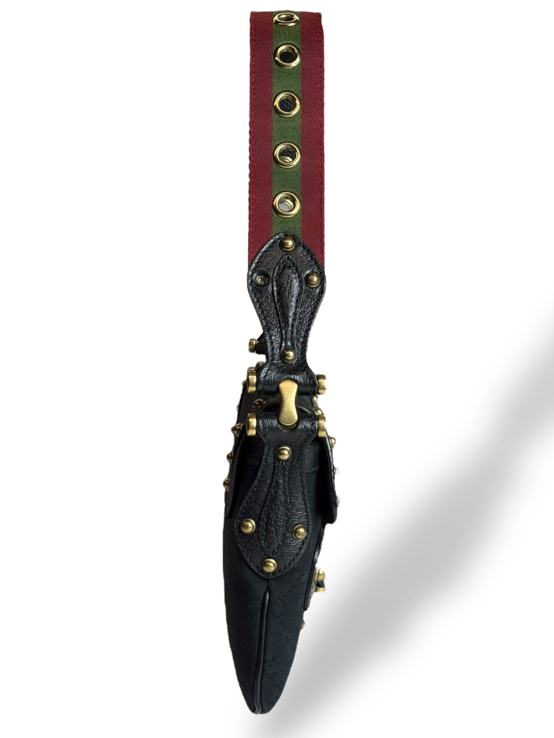 Gucci Studded Pelham Shoulder Bag in Black GG Canvas