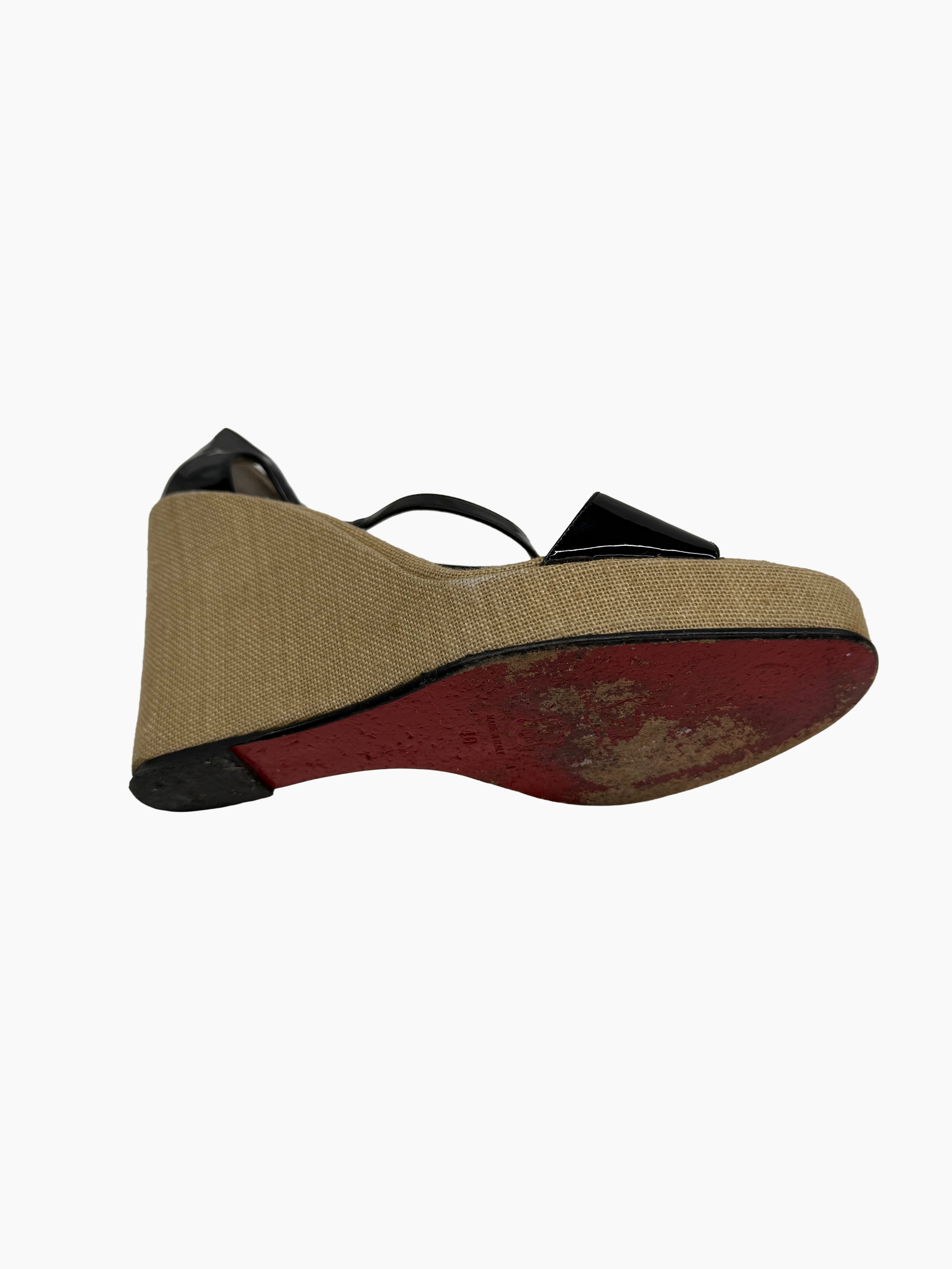 Christian Louboutin Patent Leather & Linen Wedge Sandals