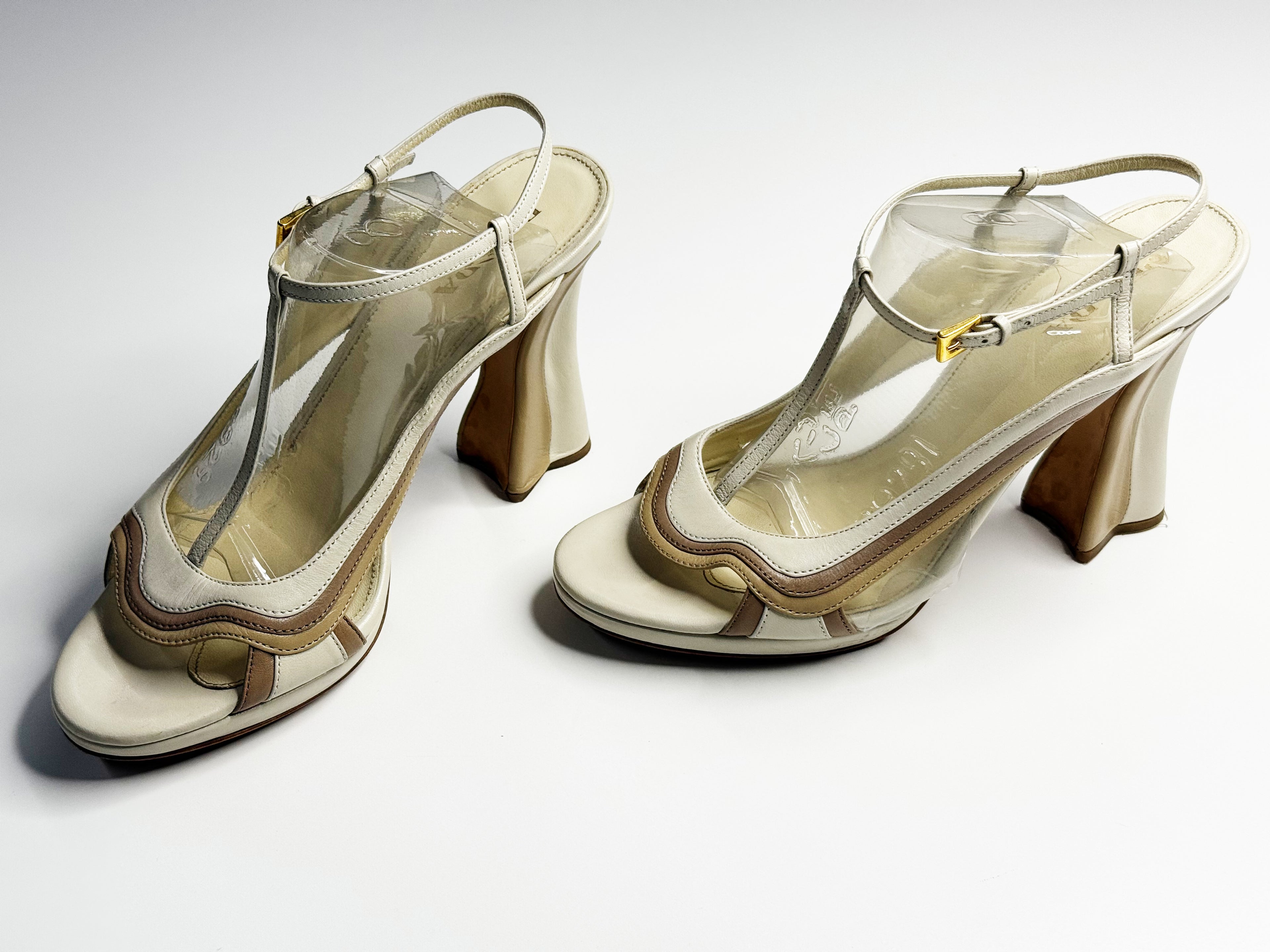 Prada Curved Heel Vinyl & Leather Sandals