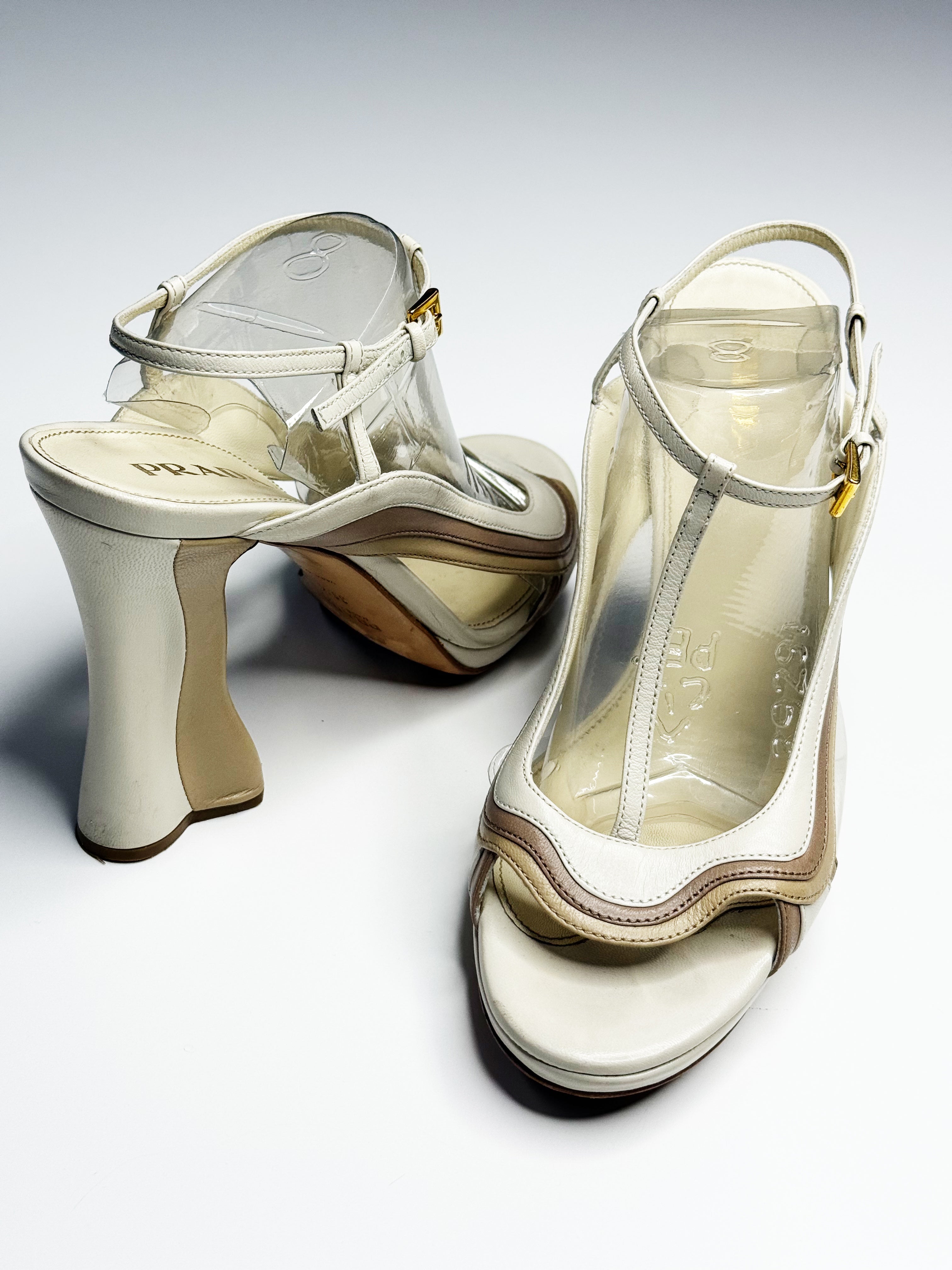 Prada Curved Heel Vinyl & Leather Sandals