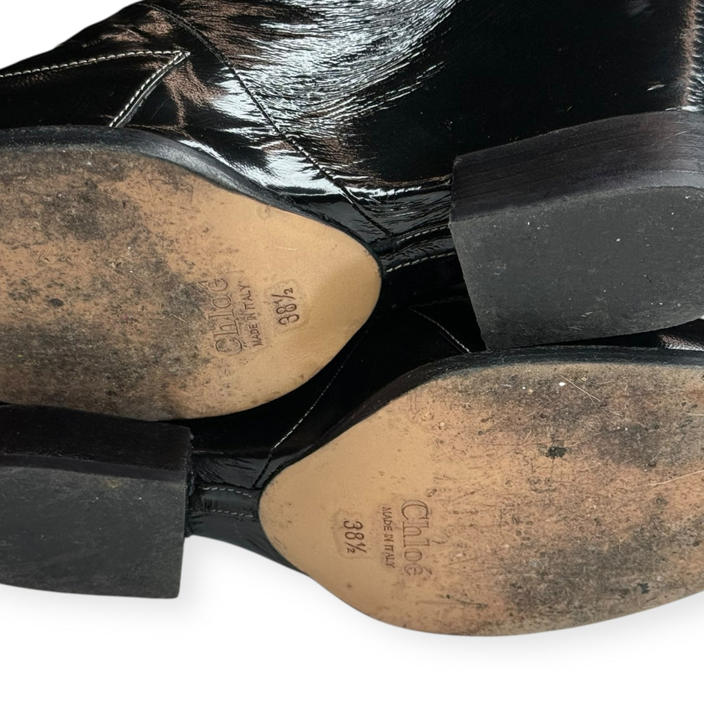 Chloé Black Patent Leather Wedge Ankle Boots - 38 1/2
