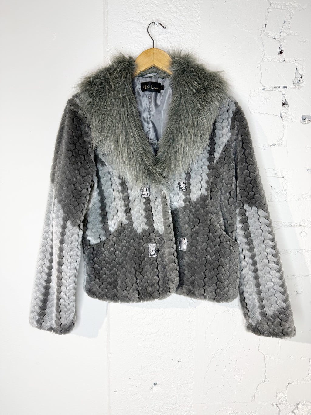 Miss Lina Grey Fur Jacket with Contrast Collar - M