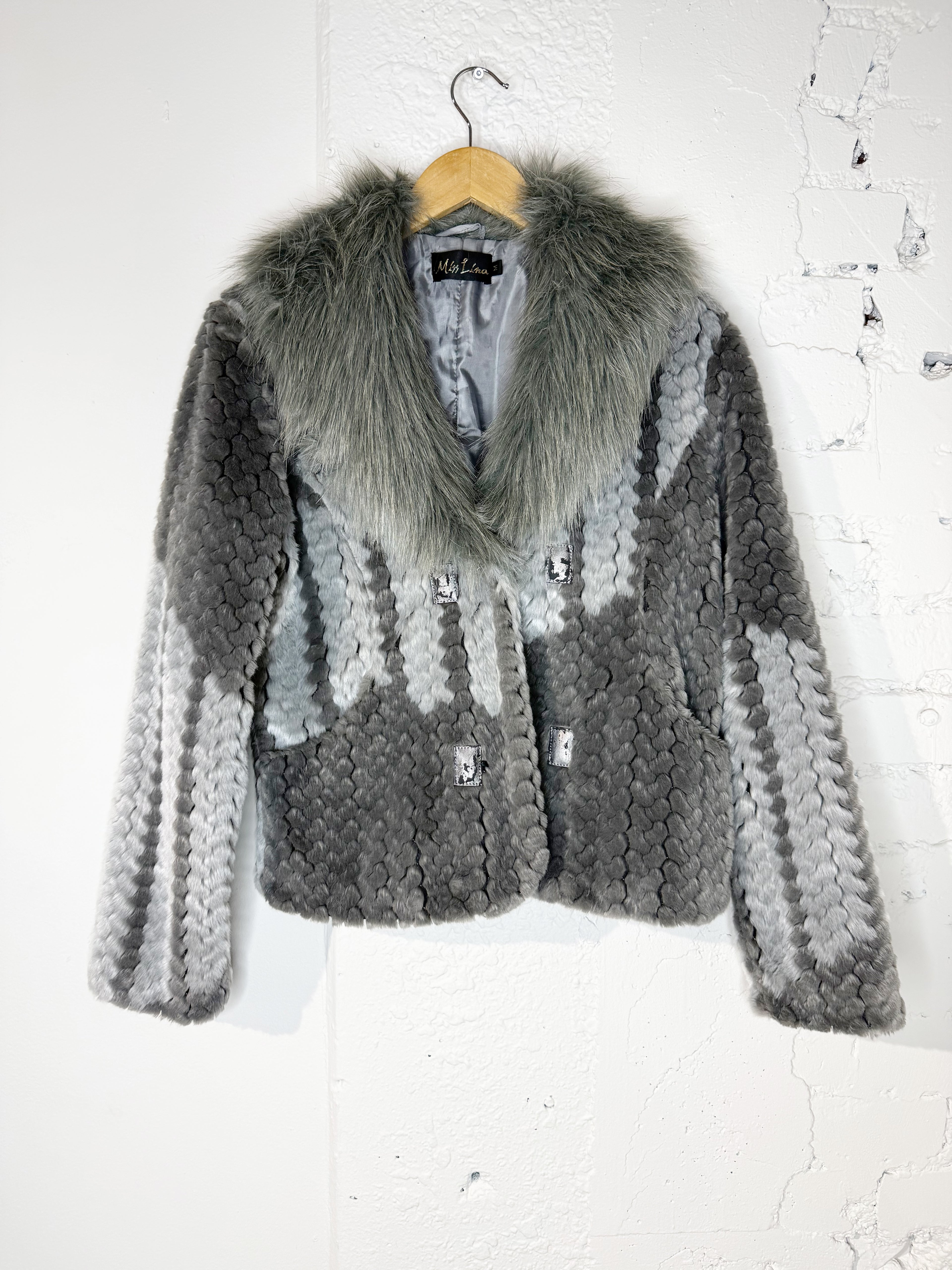 Miss Lina Grey Fur Jacket with Contrast Collar - M