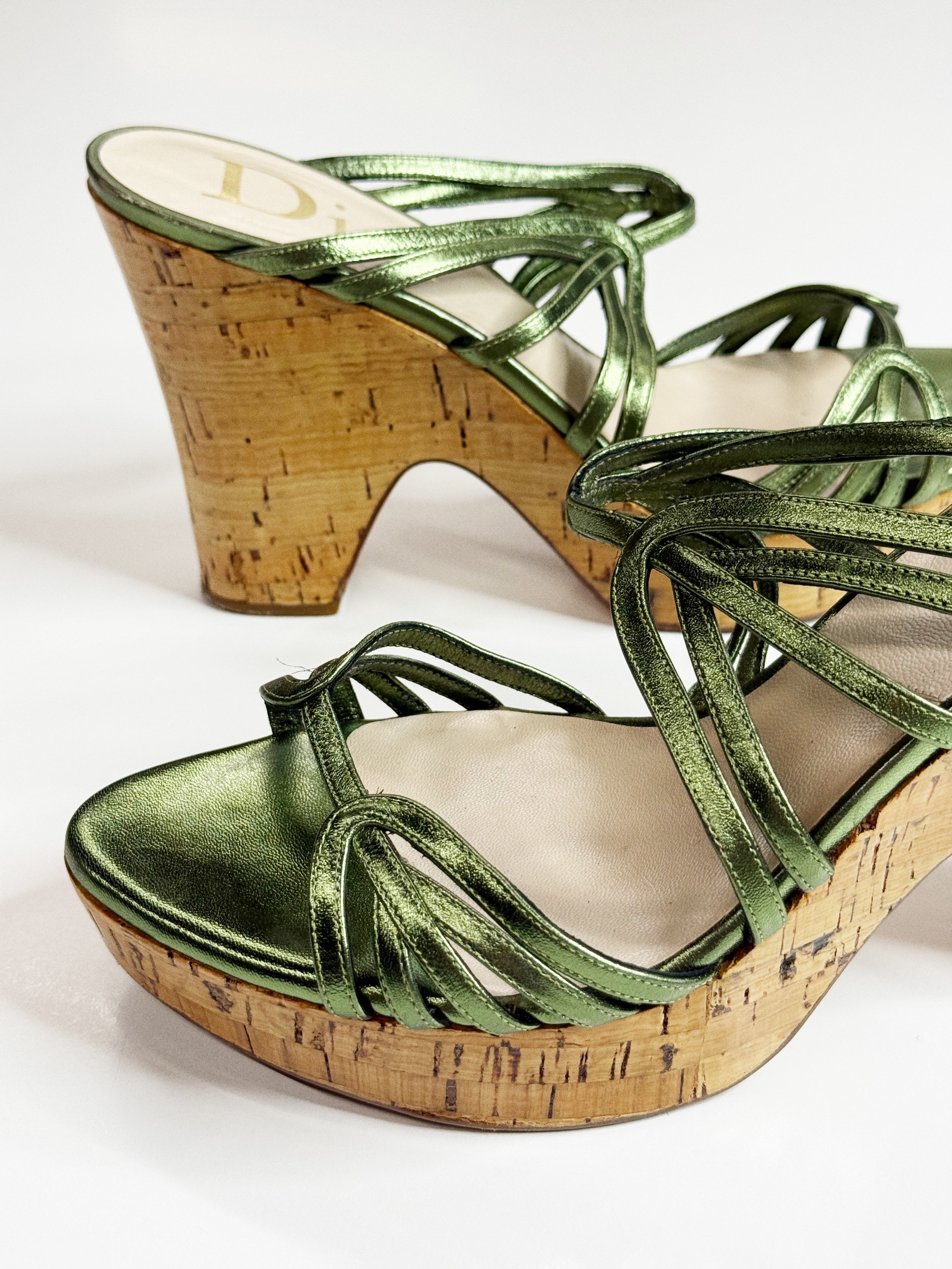 Christian Dior Metallic Green Cork Wedge Sandals