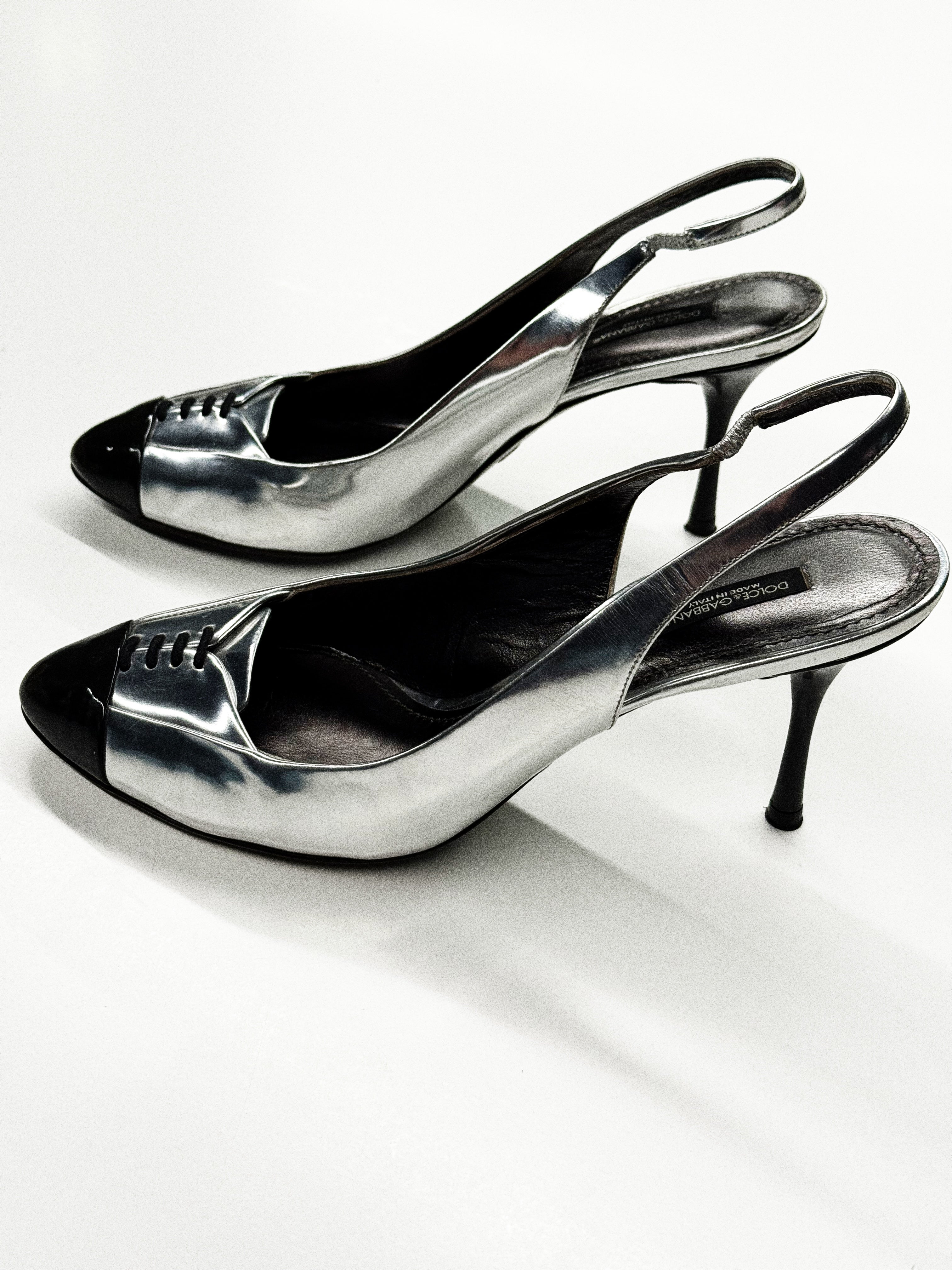 Dolce & Gabbana Silver & Black Slingback Heels