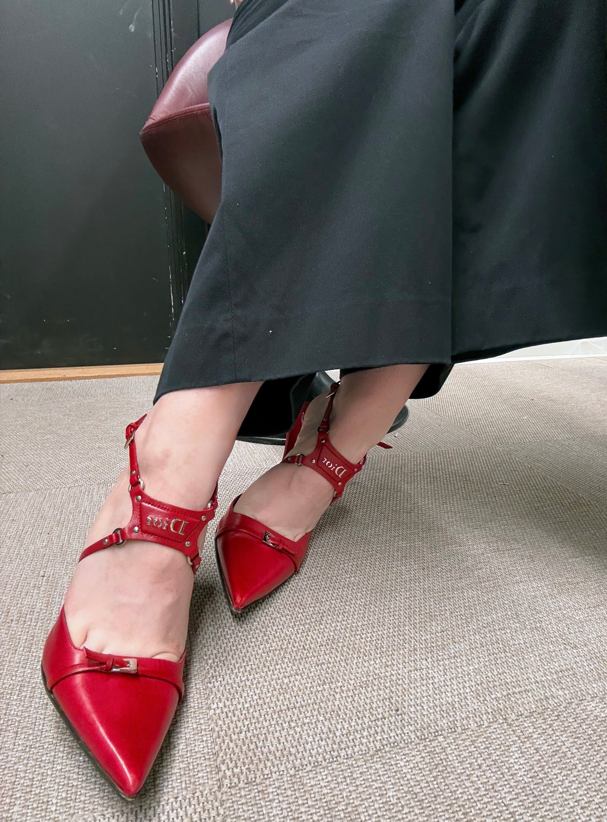 Christian Dior Red Heeled Pumps with Buckle and Strap Details