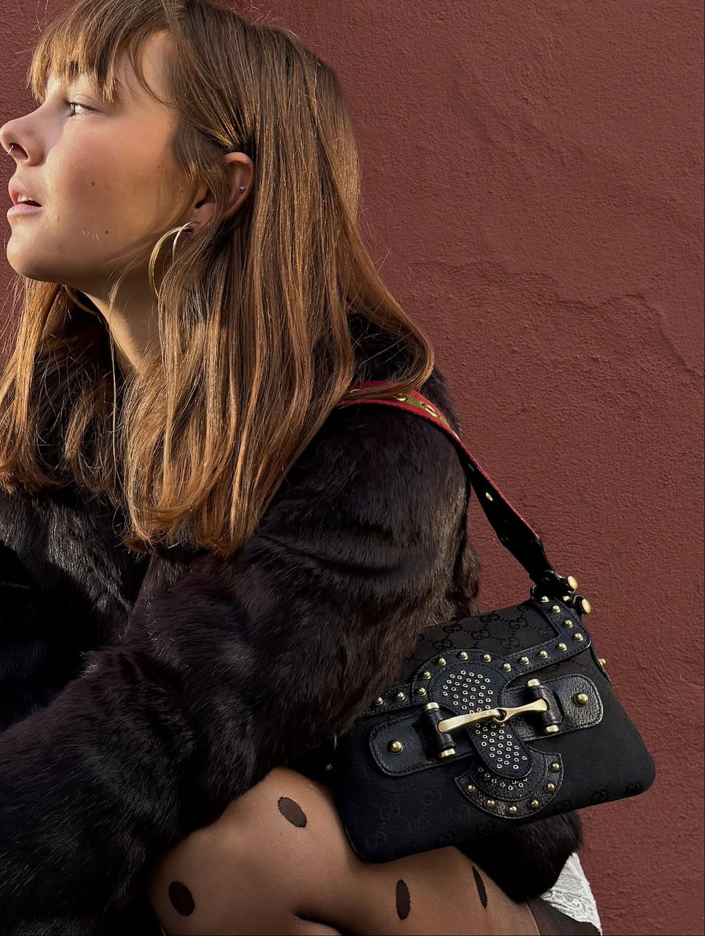 Gucci Studded Pelham Shoulder Bag in Black GG Canvas